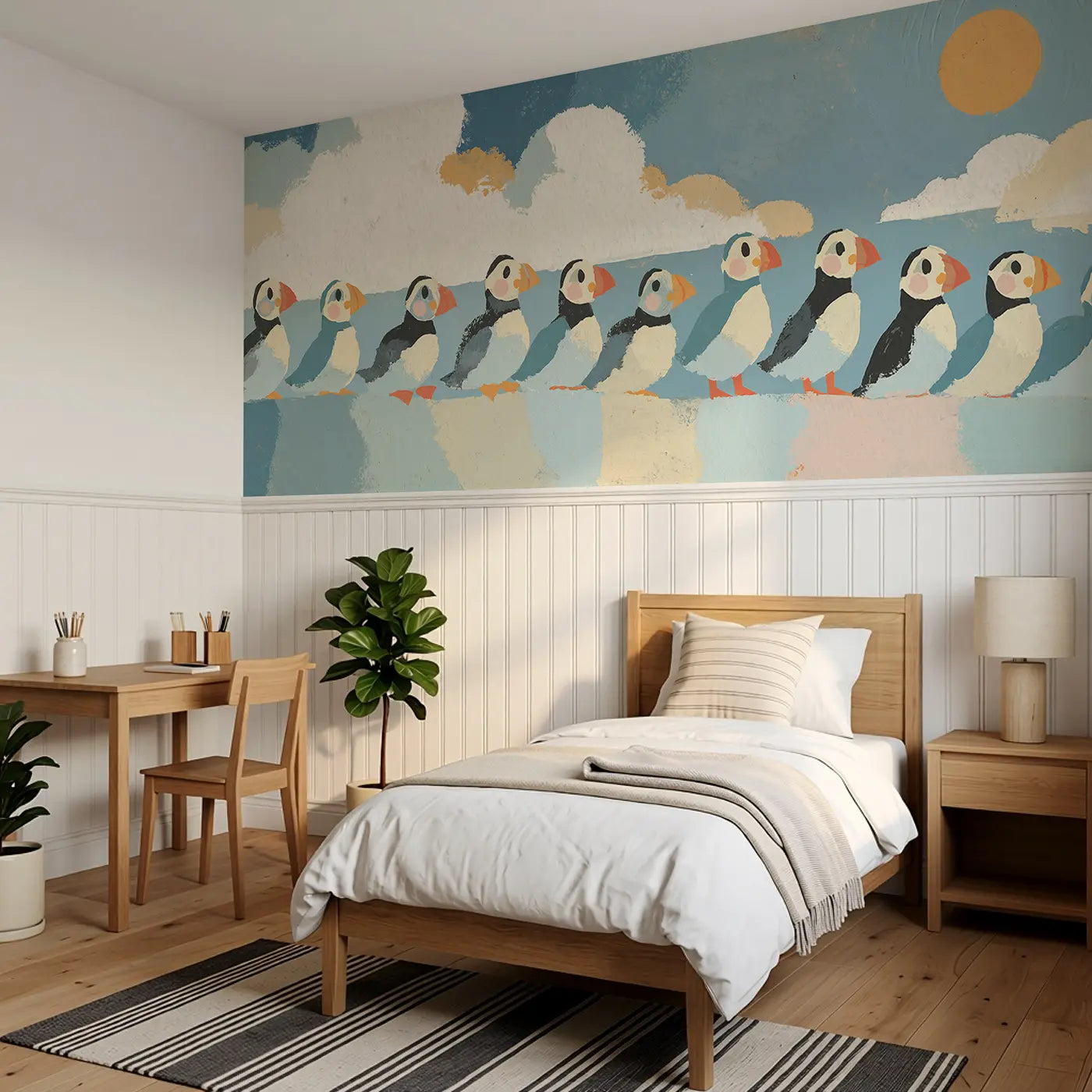 Bold Puffin Cliff Scandi Wainscoting Wallpaper styled in a kids bedroom by Whimsy Tots