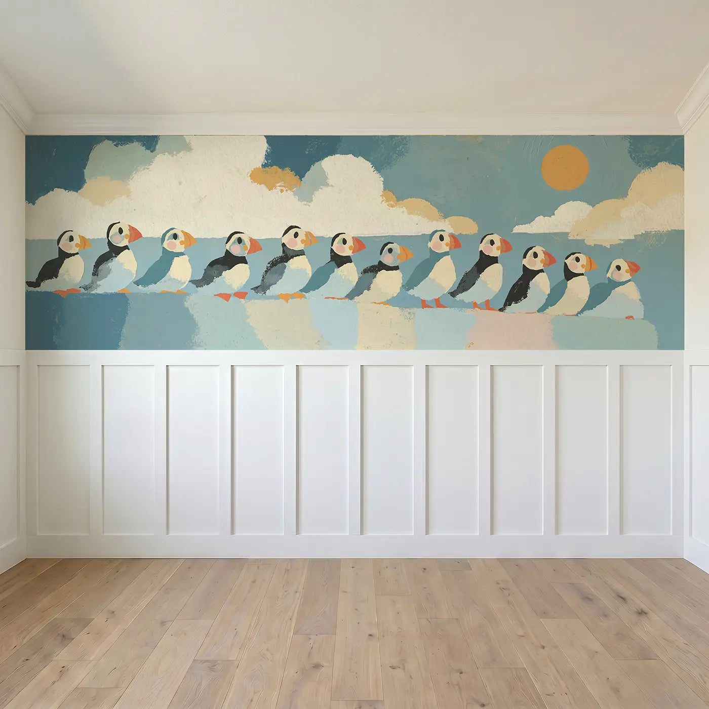 Full panel view of Bold Puffin Cliff Scandi Wainscoting Wallpaper by Whimsy Tots