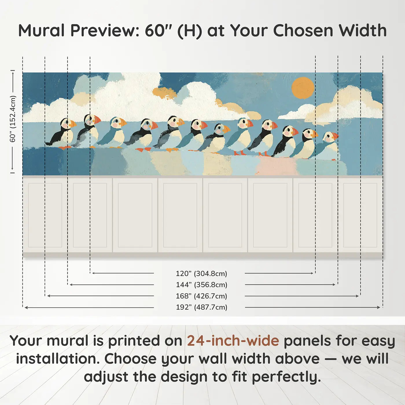 Panel dimensions for Bold Puffin Cliff Scandi Wainscoting Wallpaper by Whimsy Tots