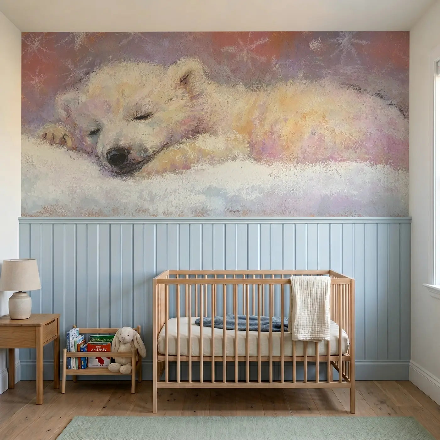 Soft Pastel baby polar bear wainscoting wallpaper for nursery by Whimsy Tots.