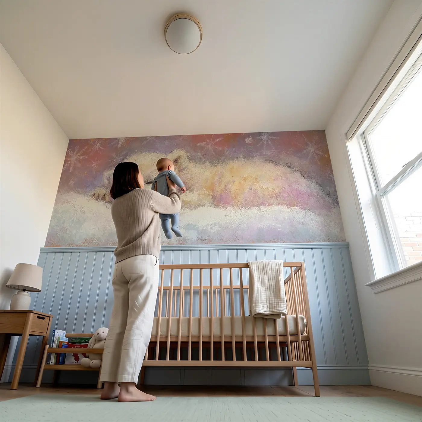 Child reading near Chalk Baby Polar Bear Soft Wainscoting Wallpaper by Whimsy Tots