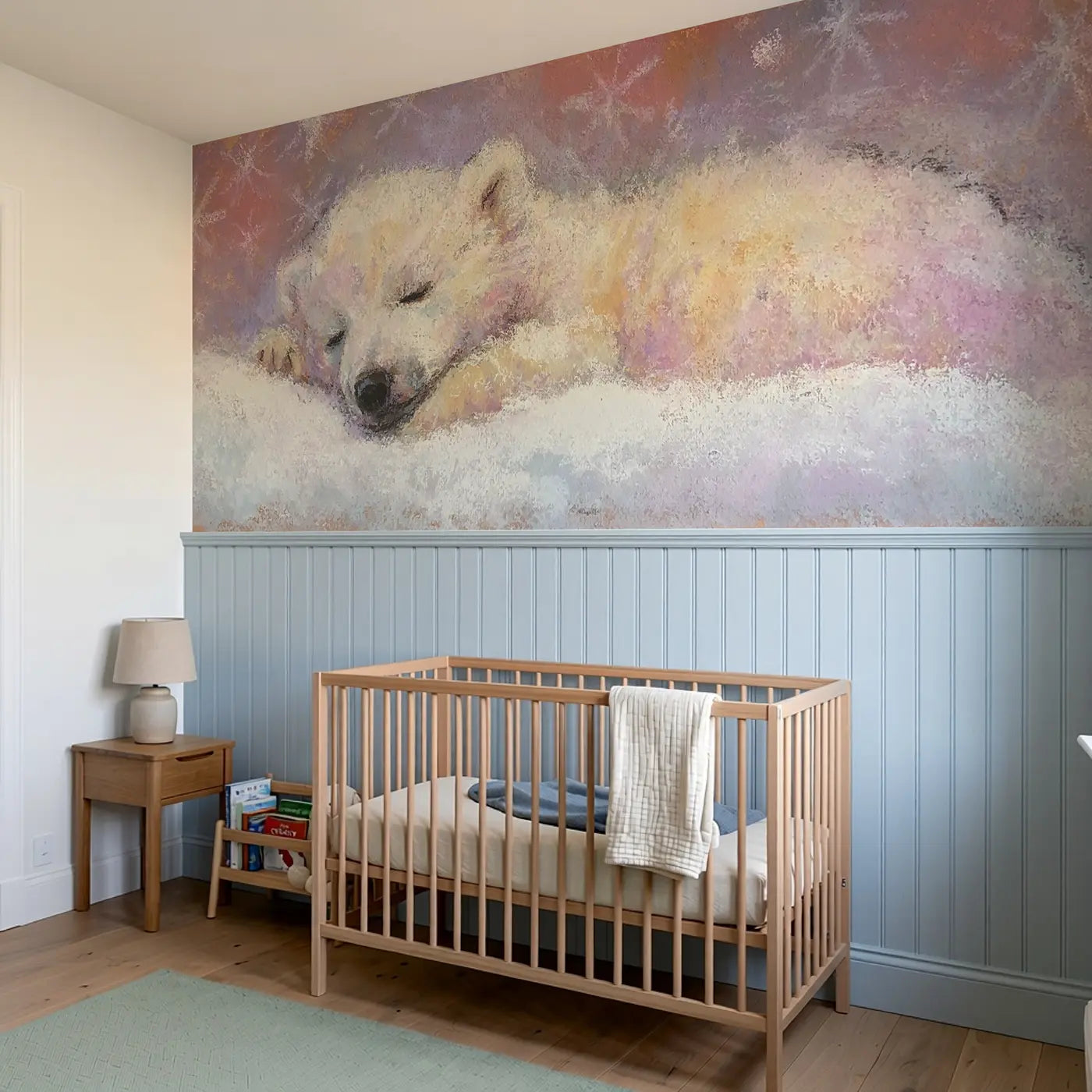 Chalk Baby Polar Bear Soft Wainscoting Wallpaper styled in a kids bedroom by Whimsy Tots