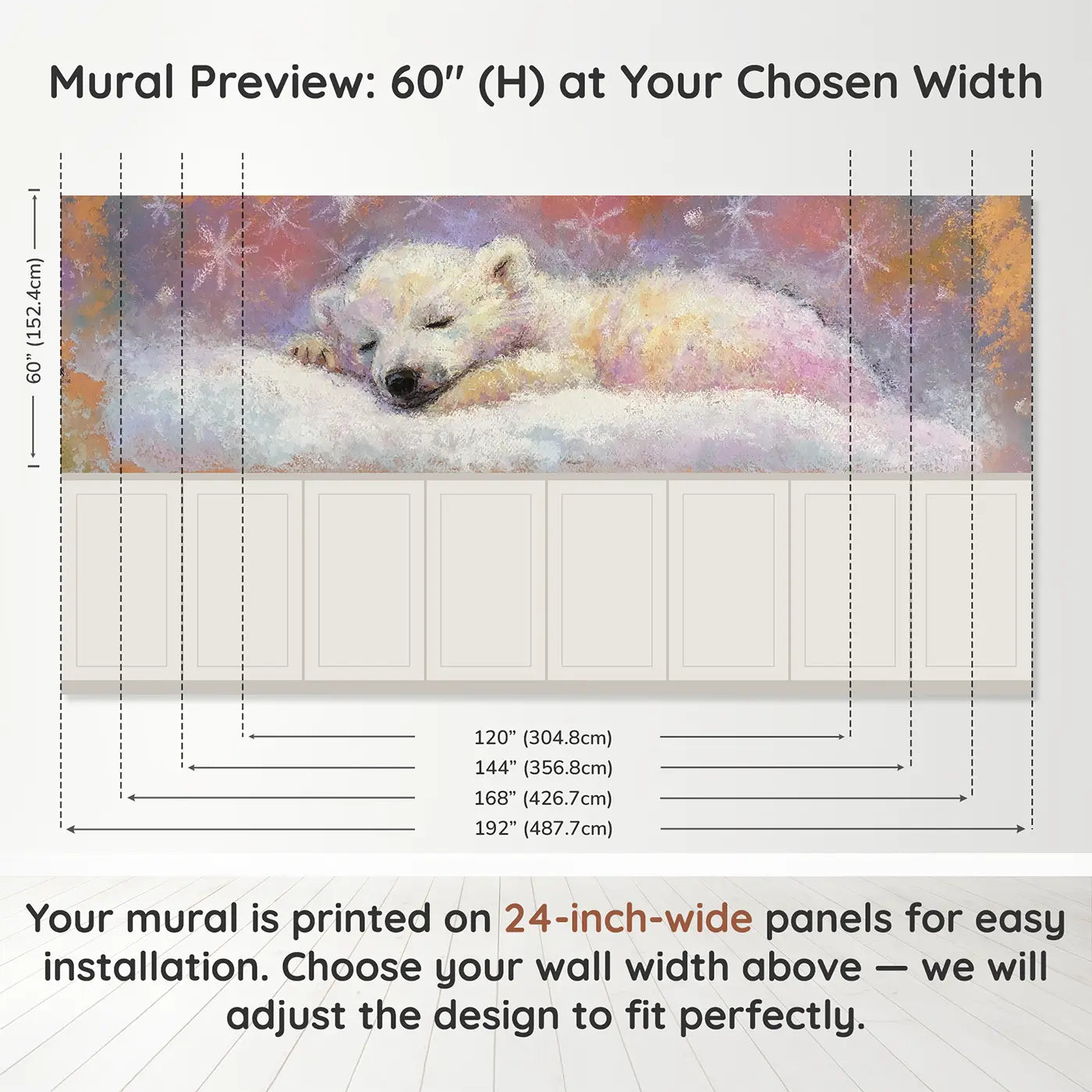 Panel dimensions for Chalk Baby Polar Bear Soft Wainscoting Wallpaper by Whimsy Tots