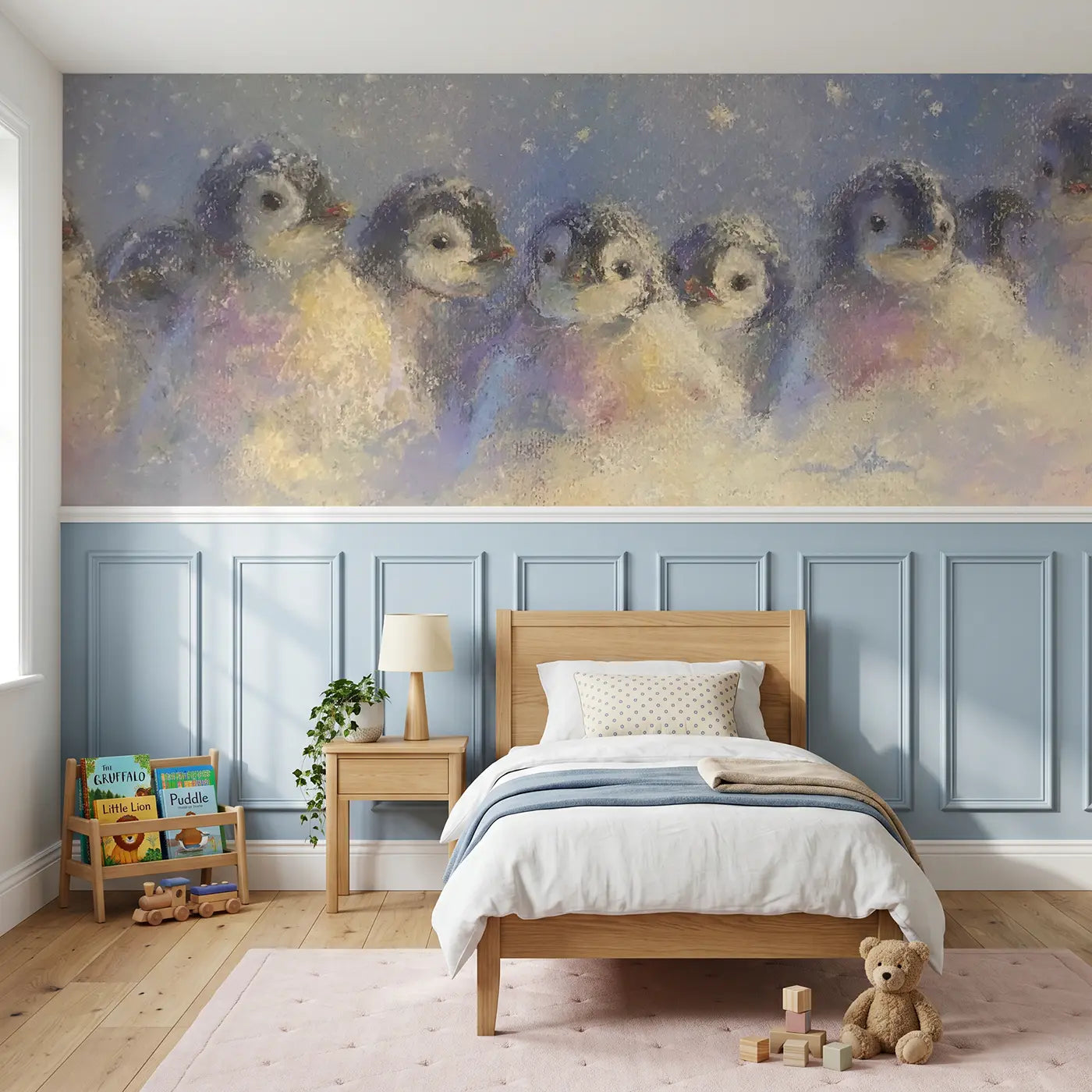 Soft Pastel penguin chick huddle wainscoting wallpaper for nursery by Whimsy Tots.