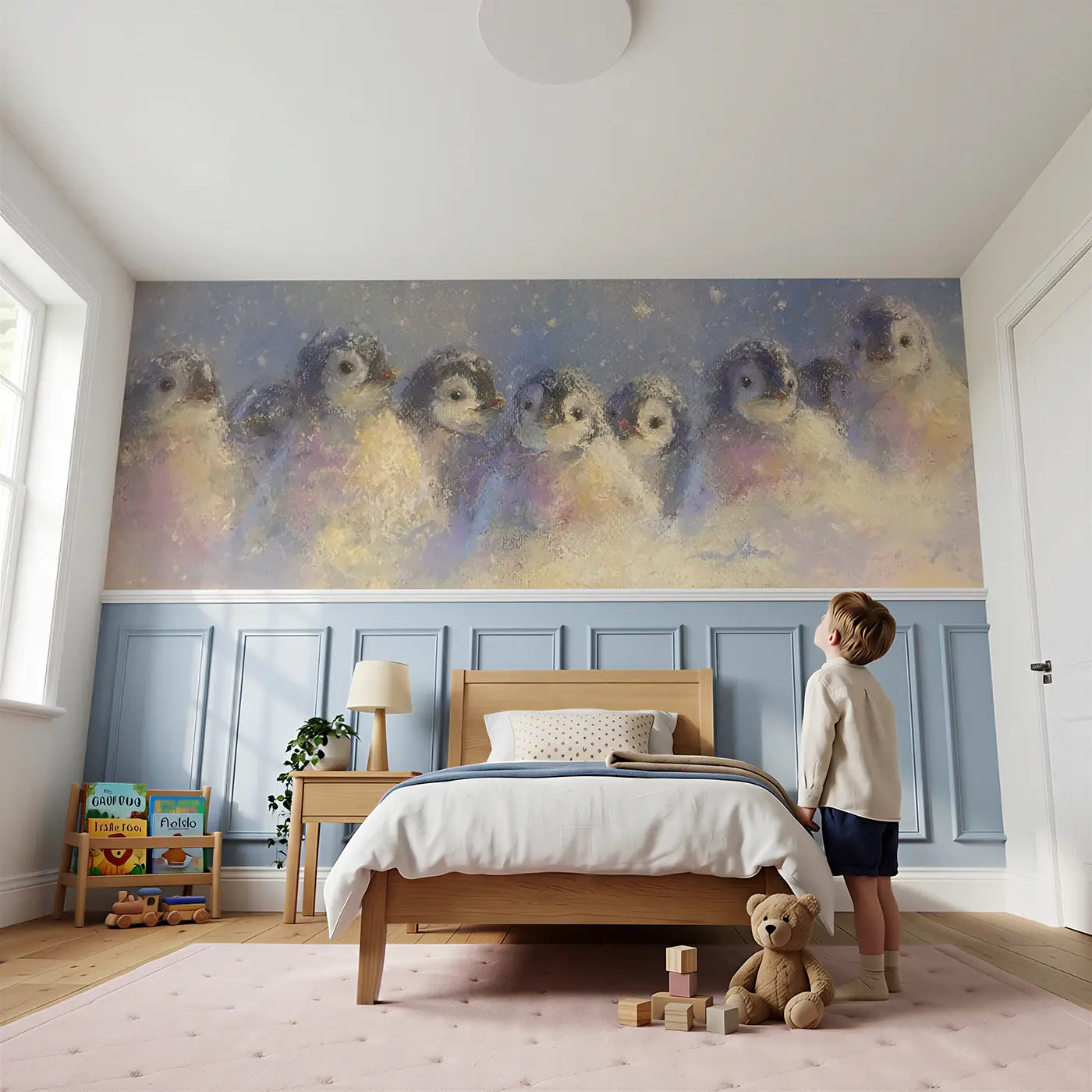 Child reading near Pastel Penguin Chick Huddle Wainscoting Wallpaper by Whimsy Tots