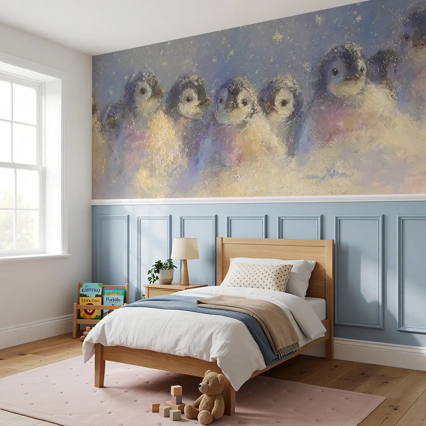 Pastel Penguin Chick Huddle Wainscoting Wallpaper styled in a kids bedroom by Whimsy Tots