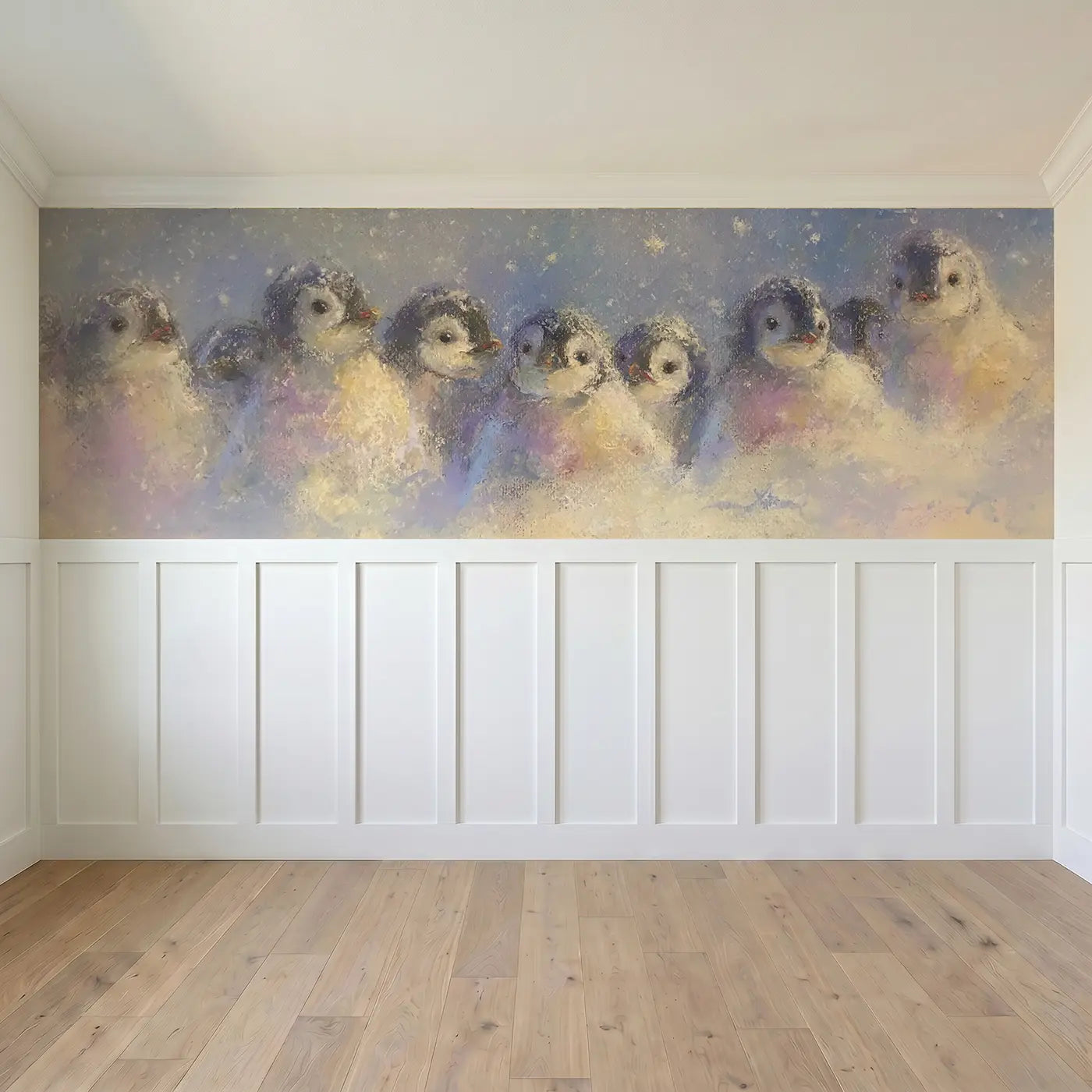Full panel view of Pastel Penguin Chick Huddle Wainscoting Wallpaper by Whimsy Tots