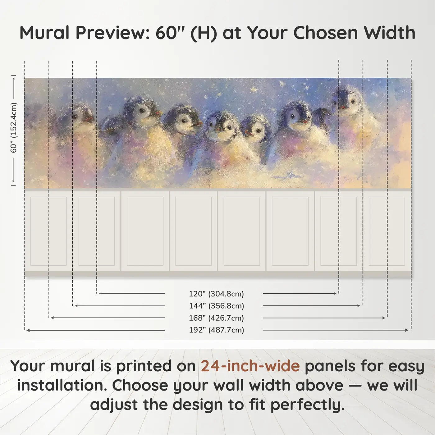 Panel dimensions for Pastel Penguin Chick Huddle Wainscoting Wallpaper by Whimsy Tots
