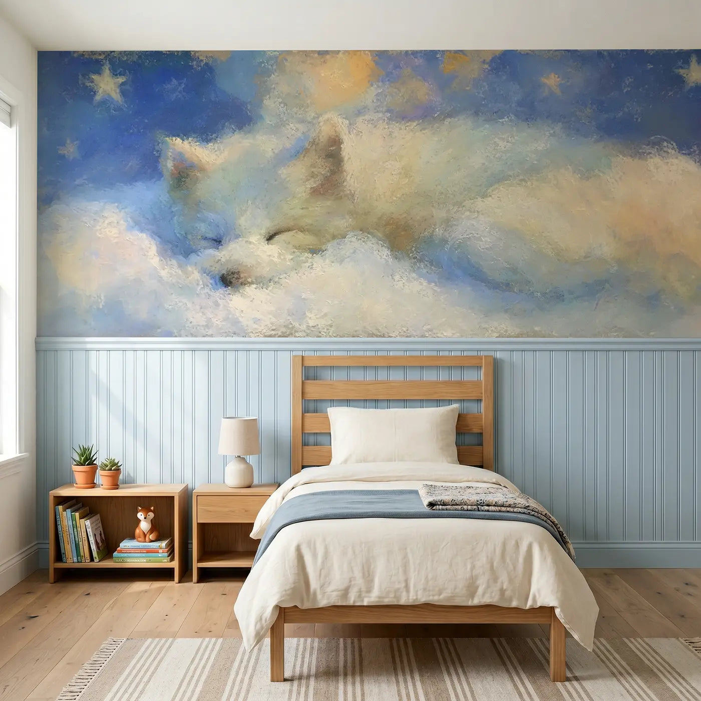 Soft Pastel arctic fox curl sleep wainscoting wallpaper for nursery by Whimsy Tots.