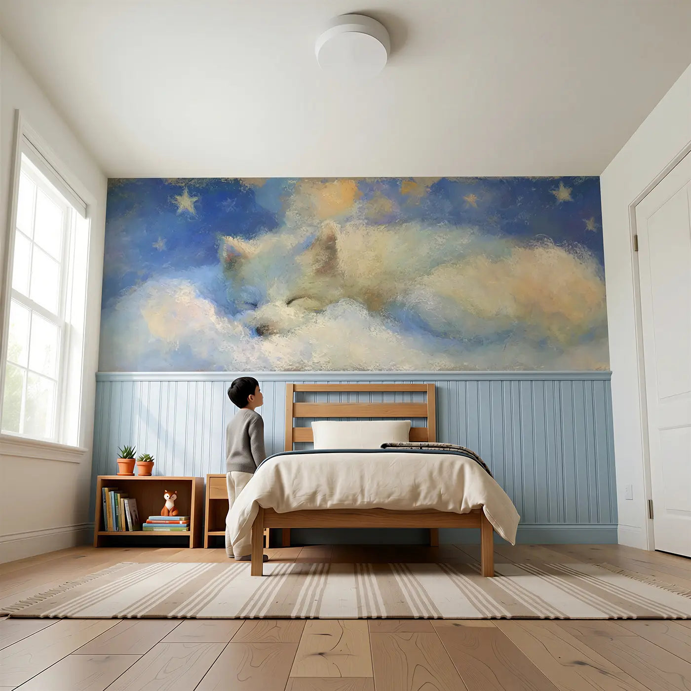 Child reading near Fuzzy Arctic Fox Curl Sleep Wainscoting Wallpaper by Whimsy Tots