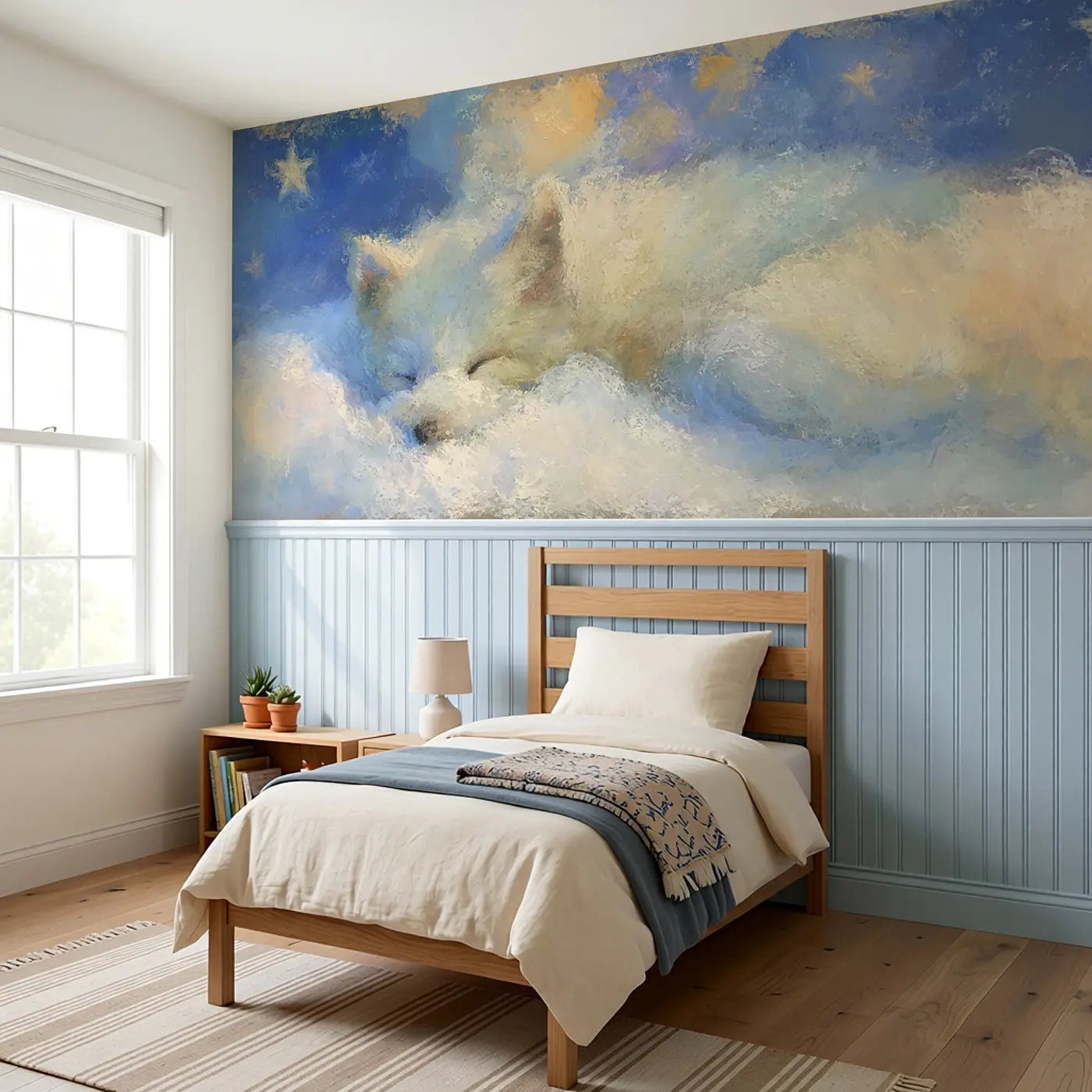 Fuzzy Arctic Fox Curl Sleep Wainscoting Wallpaper styled in a kids bedroom by Whimsy Tots