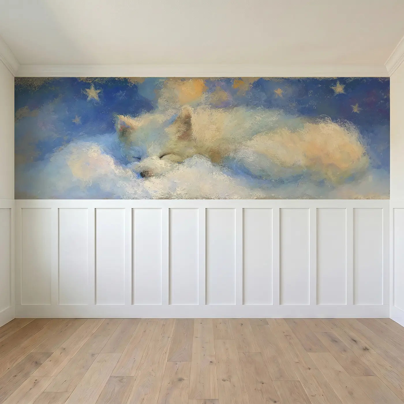 Full panel view of Fuzzy Arctic Fox Curl Sleep Wainscoting Wallpaper by Whimsy Tots