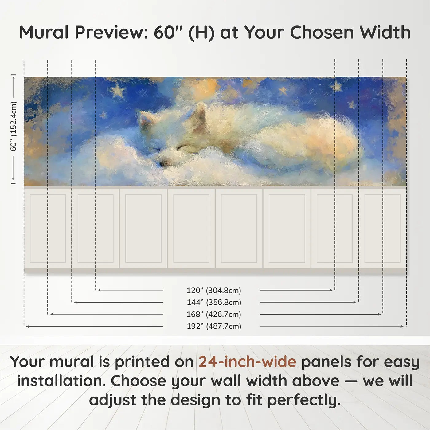 Panel dimensions for Fuzzy Arctic Fox Curl Sleep Wainscoting Wallpaper by Whimsy Tots