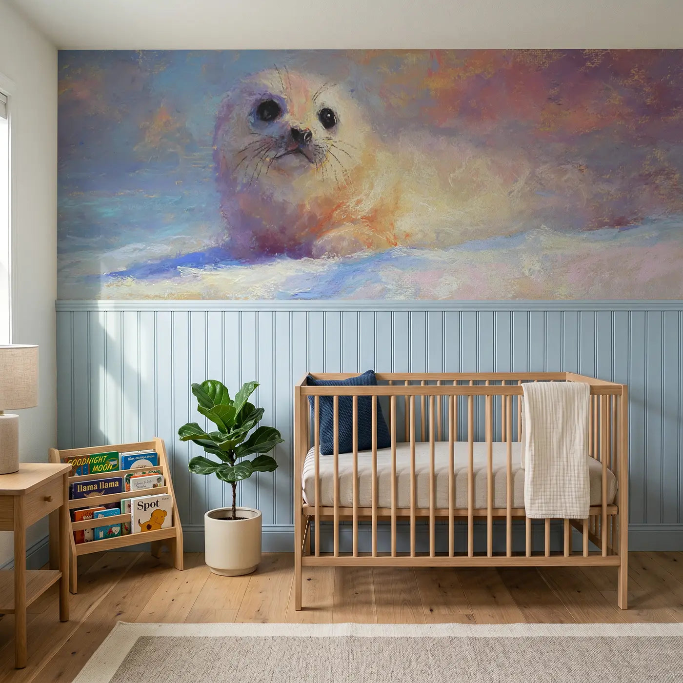 Soft Pastel seal pup blink bright wainscoting wallpaper for nursery by Whimsy Tots.