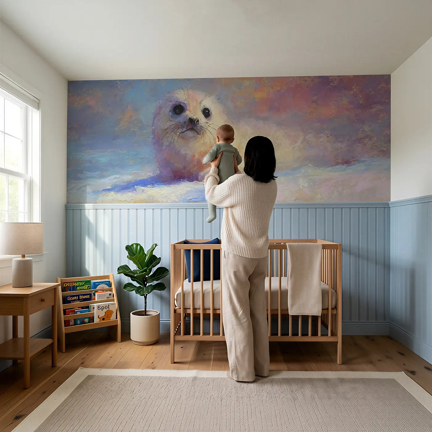 Child reading near Chalk Seal Pup Blink Bright Wainscoting Wallpaper by Whimsy Tots