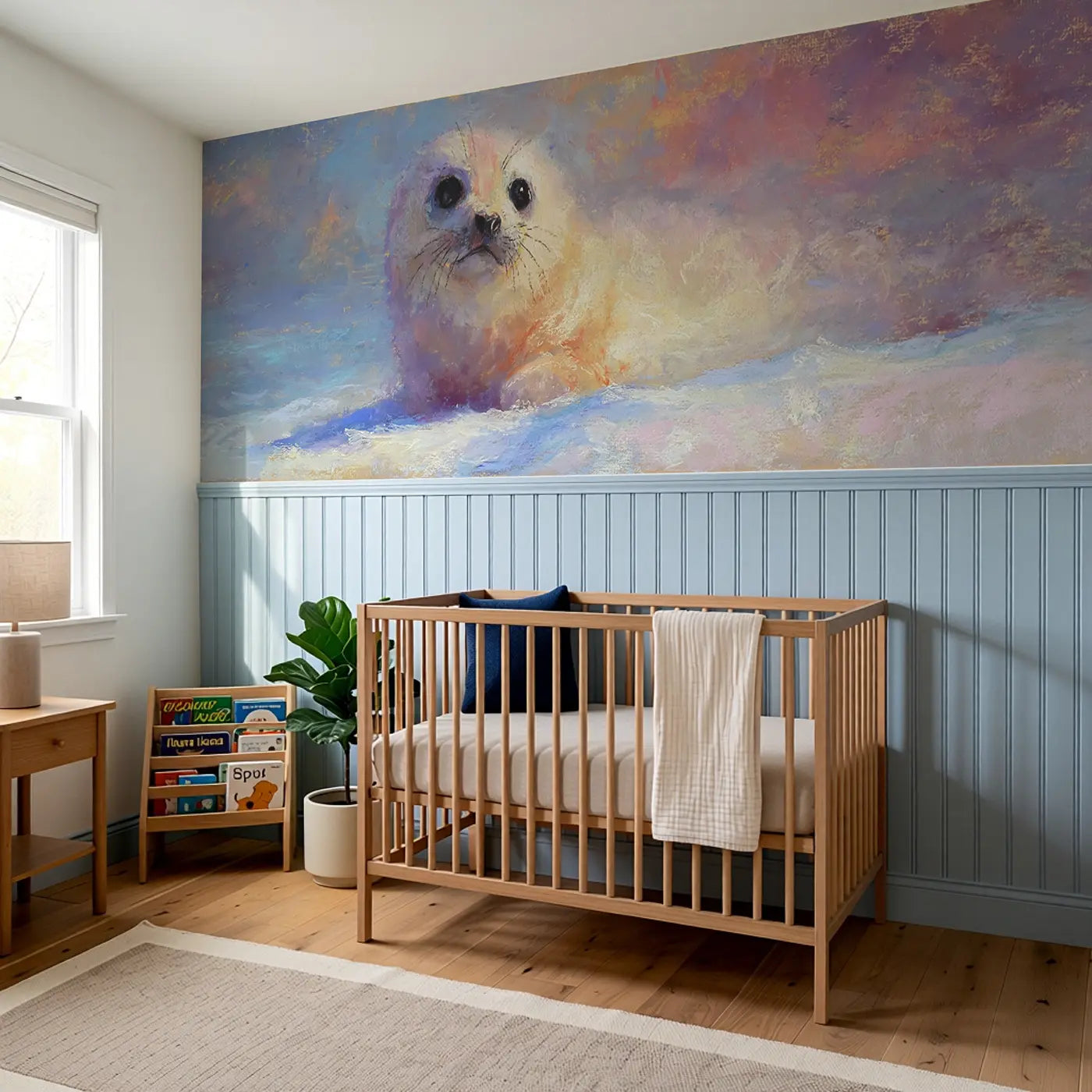 Chalk Seal Pup Blink Bright Wainscoting Wallpaper styled in a kids bedroom by Whimsy Tots