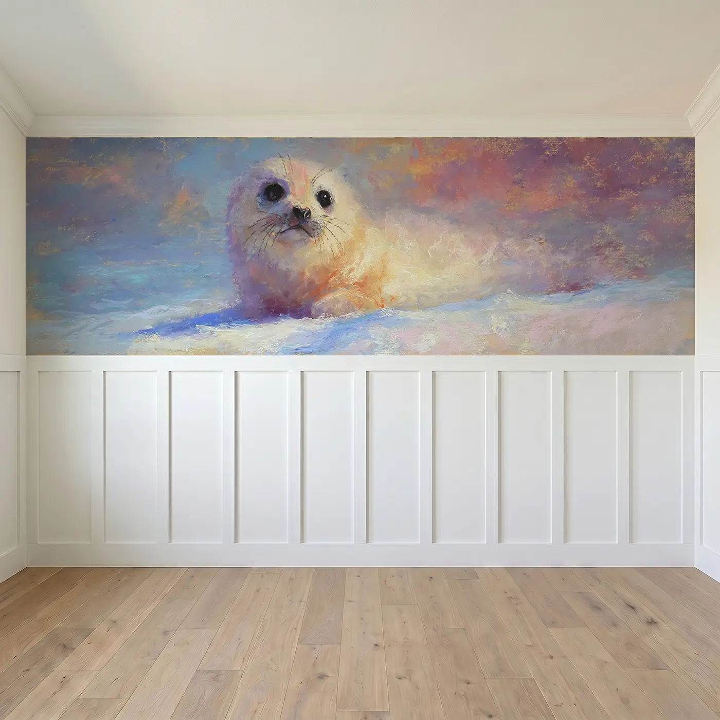 Full panel view of Chalk Seal Pup Blink Bright Wainscoting Wallpaper by Whimsy Tots