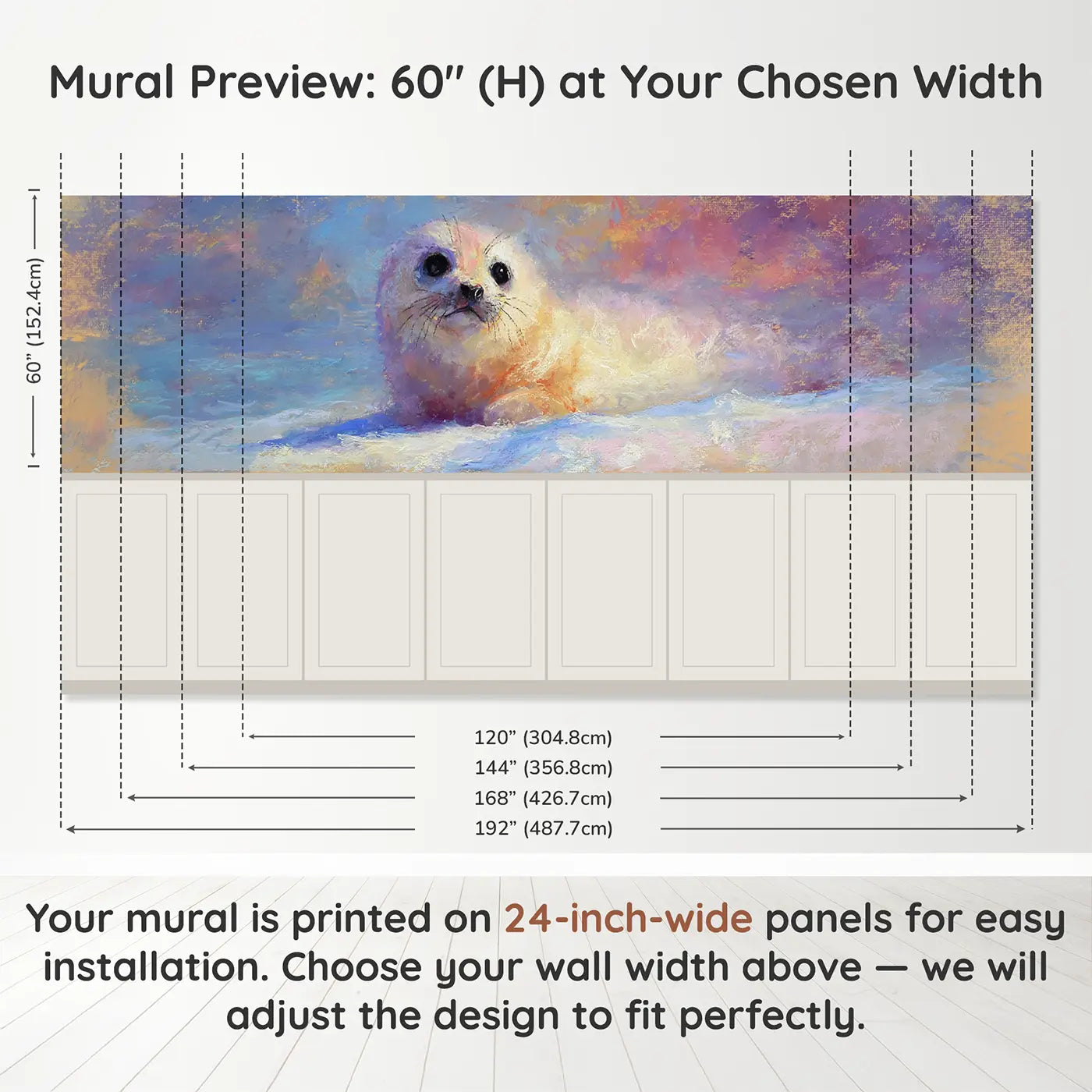 Panel dimensions for Chalk Seal Pup Blink Bright Wainscoting Wallpaper by Whimsy Tots