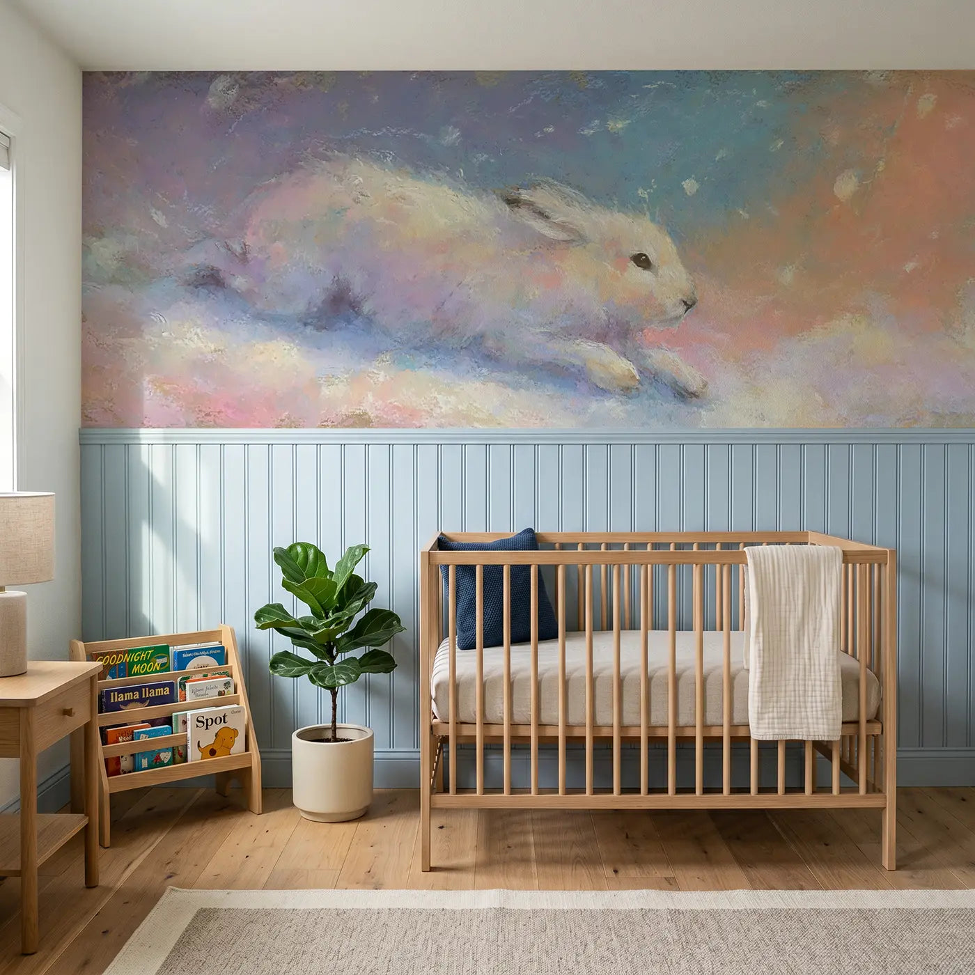 Soft Pastel arctic hare snow float wainscoting wallpaper for nursery by Whimsy Tots.