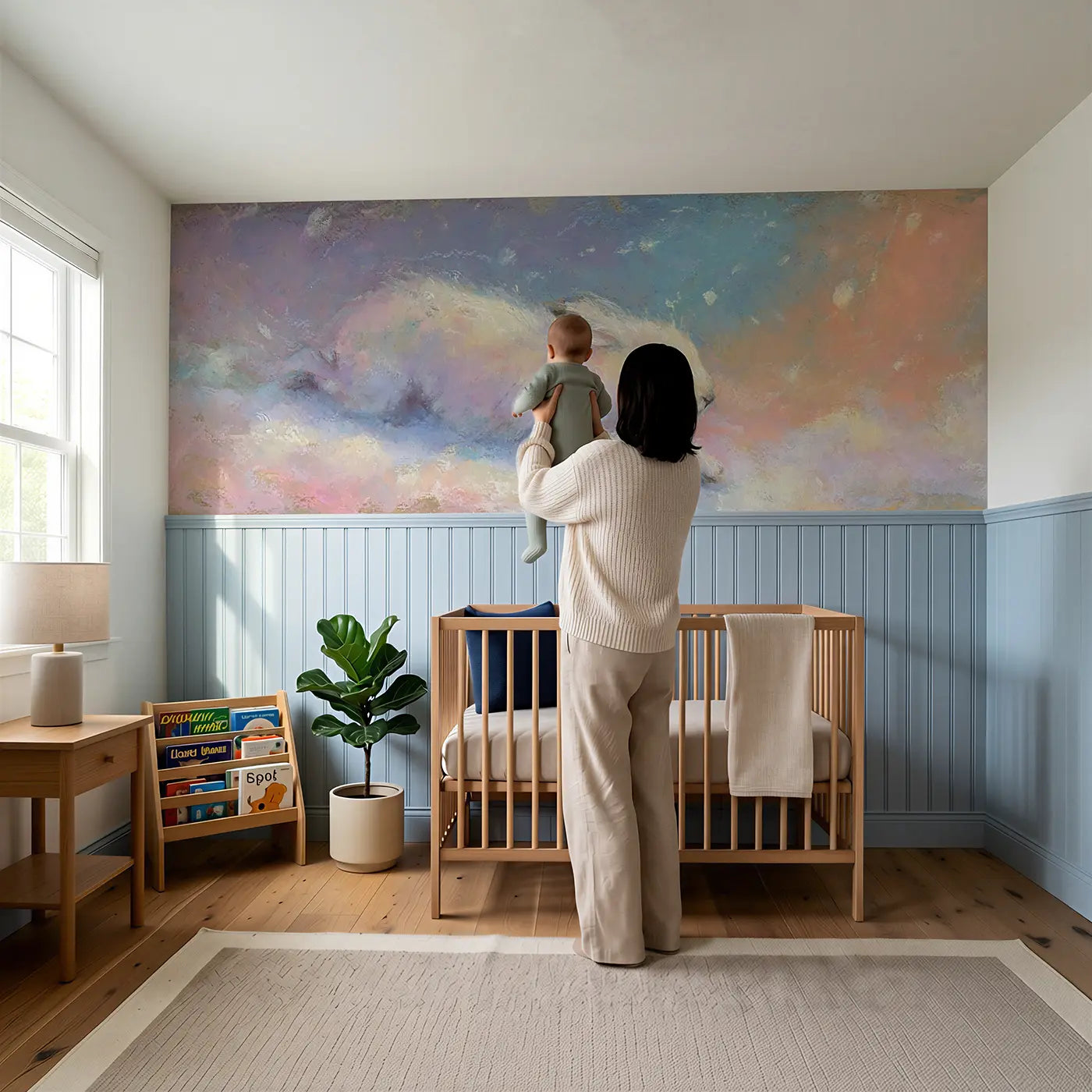 Child reading near Pastel Arctic Hare Snow Float Wainscoting Wallpaper by Whimsy Tots