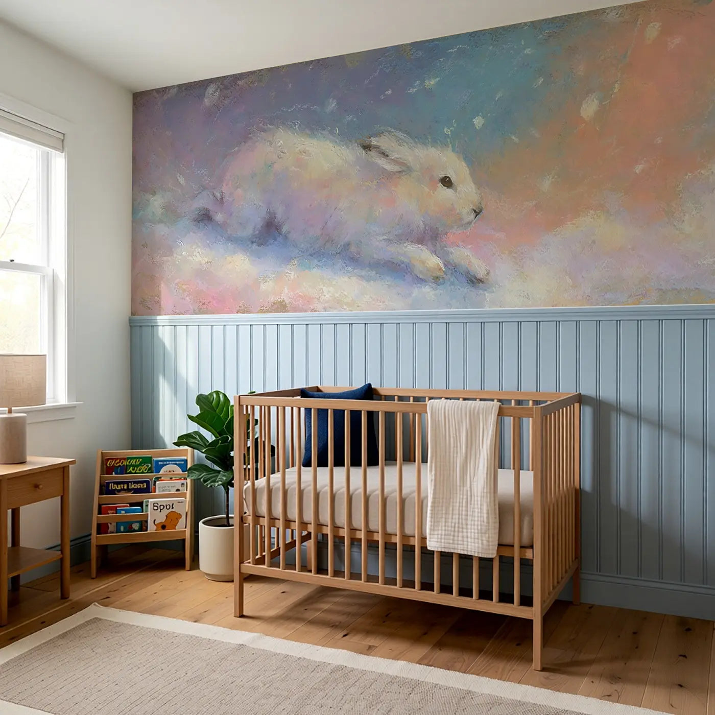 Pastel Arctic Hare Snow Float Wainscoting Wallpaper styled in a kids bedroom by Whimsy Tots