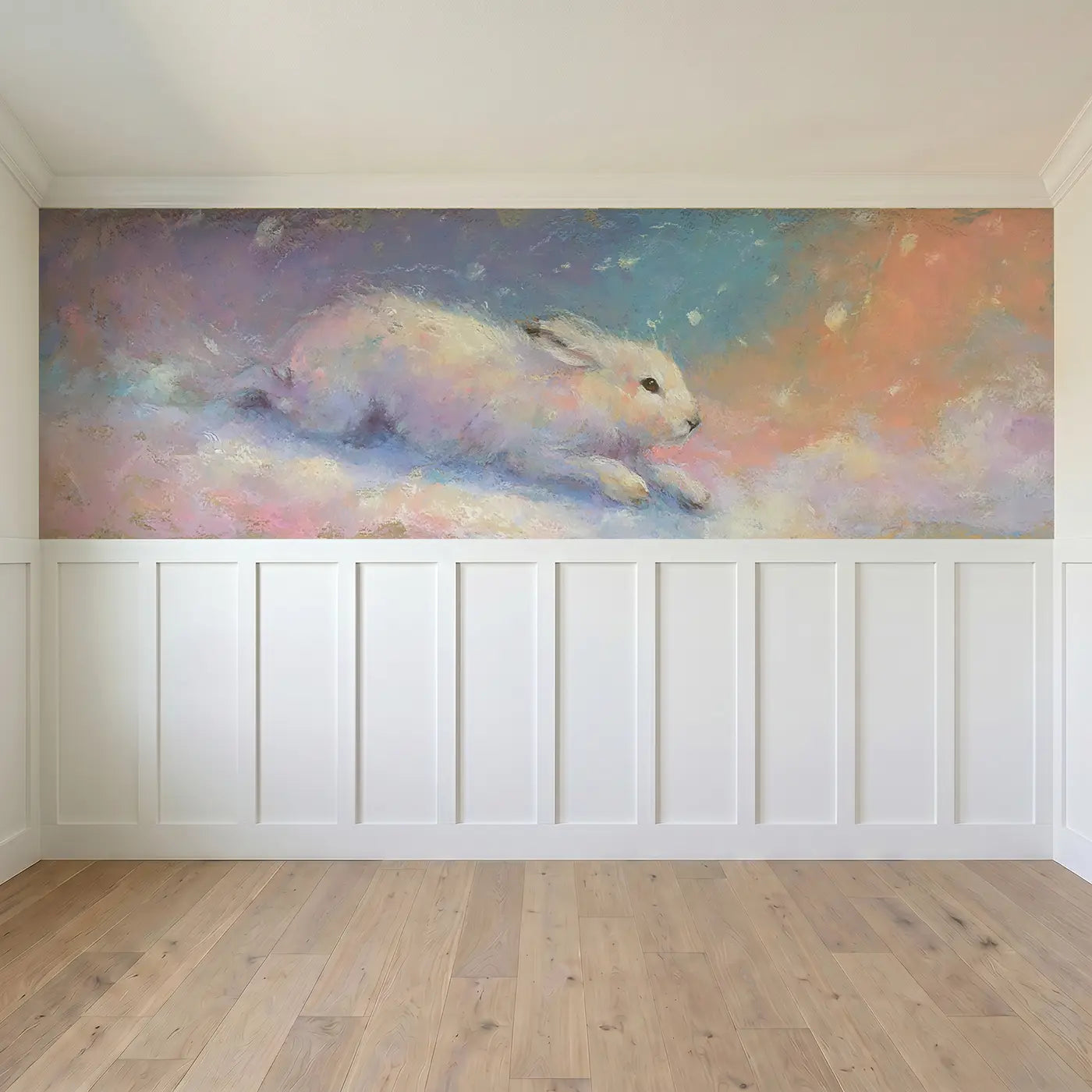 Full panel view of Pastel Arctic Hare Snow Float Wainscoting Wallpaper by Whimsy Tots