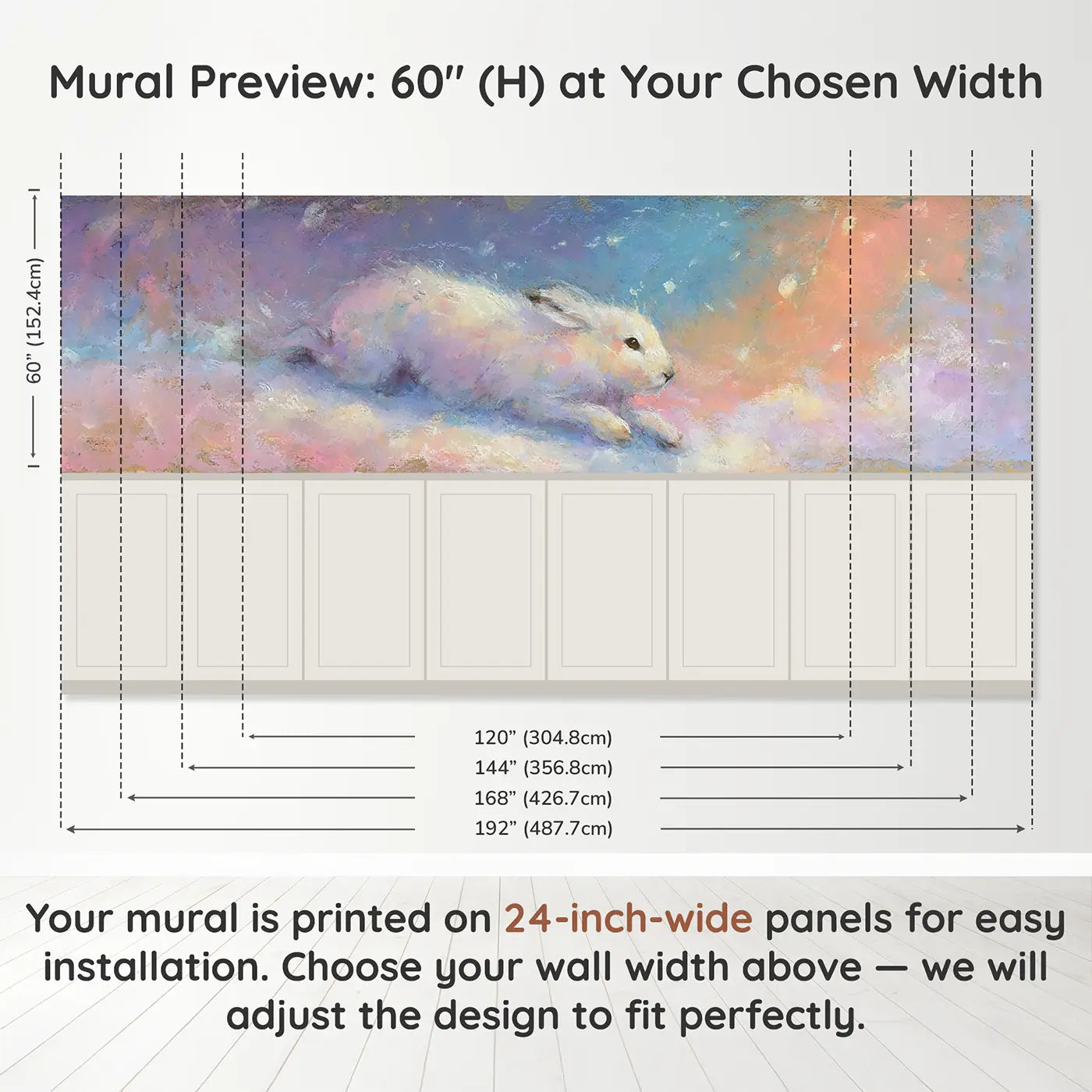 Panel dimensions for Pastel Arctic Hare Snow Float Wainscoting Wallpaper by Whimsy Tots