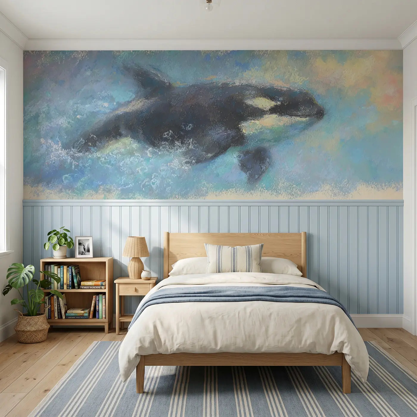 Soft Pastel orca ocean glide wainscoting wallpaper for bedroom by Whimsy Tots.