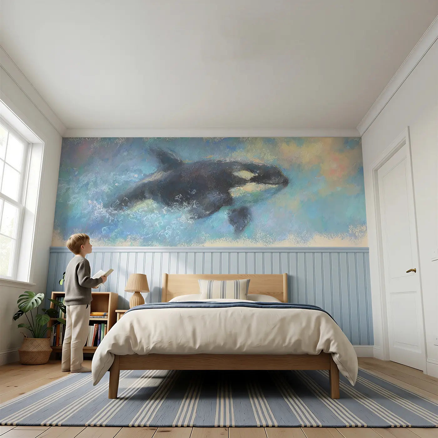 Child reading near Chalk Orca Ocean Soft Glide Wainscoting Wallpaper by Whimsy Tots