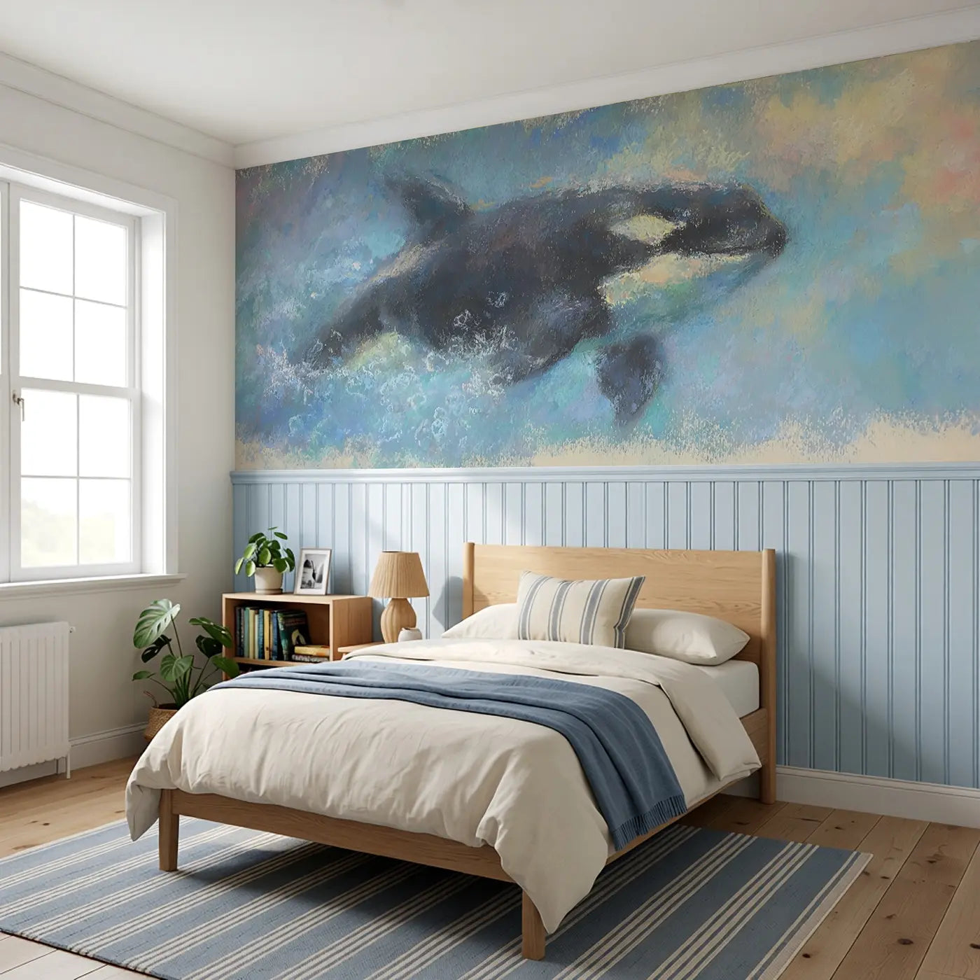 Chalk Orca Ocean Soft Glide Wainscoting Wallpaper styled in a kids bedroom by Whimsy Tots