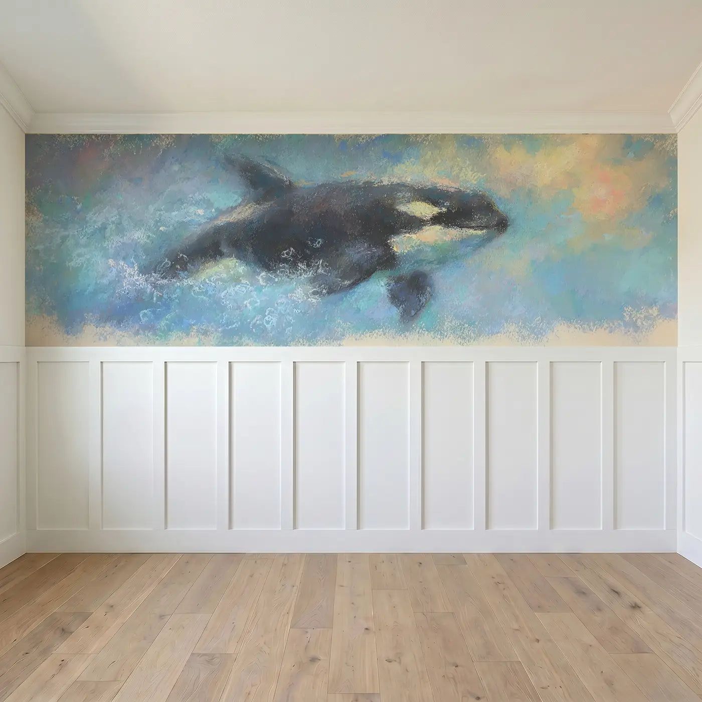 Full panel view of Chalk Orca Ocean Soft Glide Wainscoting Wallpaper by Whimsy Tots