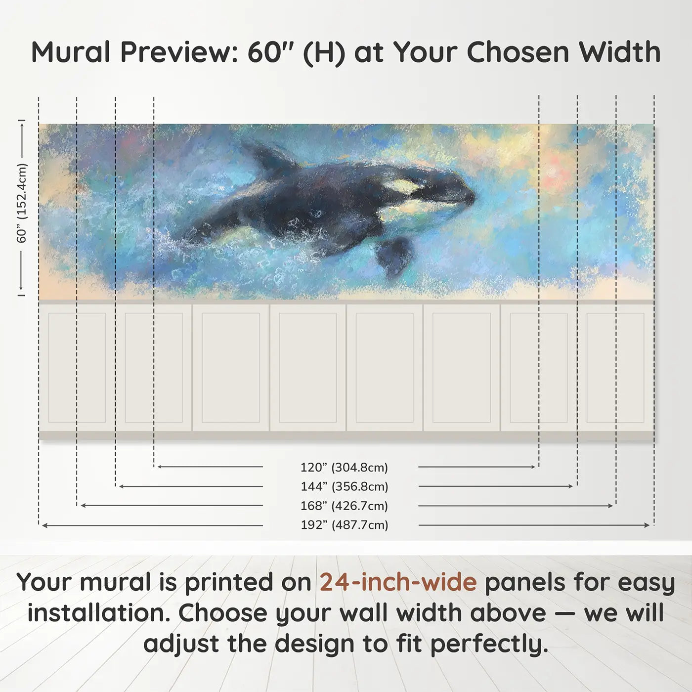 Panel dimensions for Chalk Orca Ocean Soft Glide Wainscoting Wallpaper by Whimsy Tots