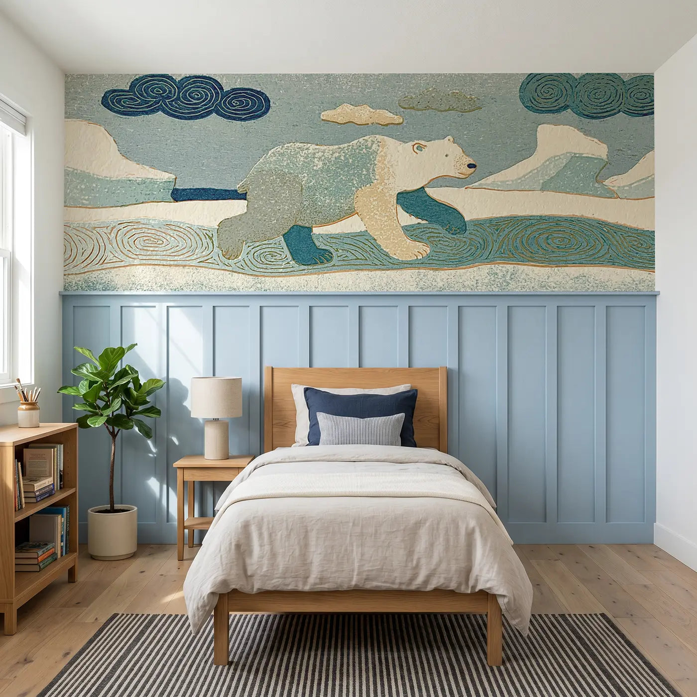 Block Print polar bear ice band wainscoting wallpaper for bedroom by Whimsy Tots.
