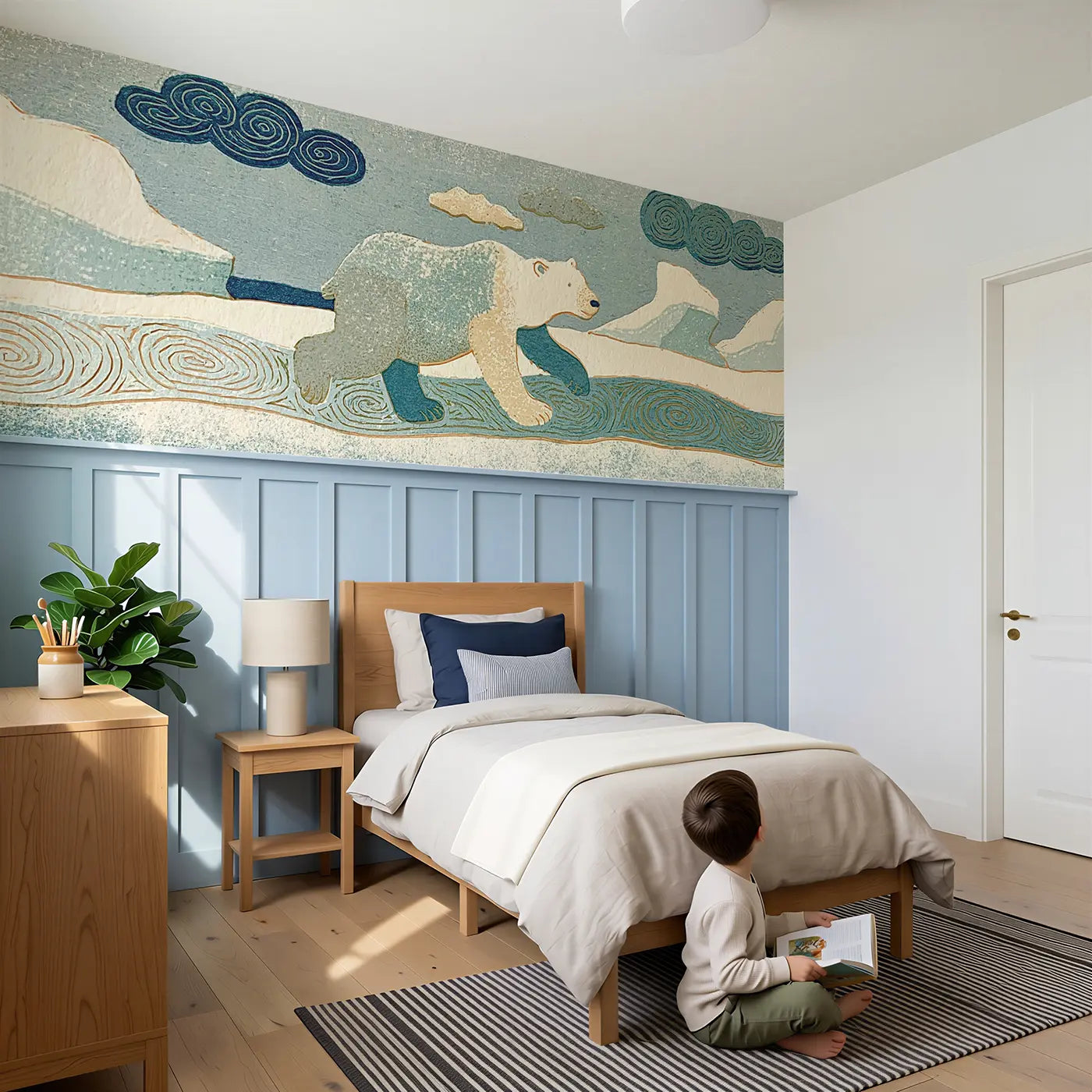 Child reading near Carved Polar Bear Ice Band Wainscoting Wallpaper by Whimsy Tots