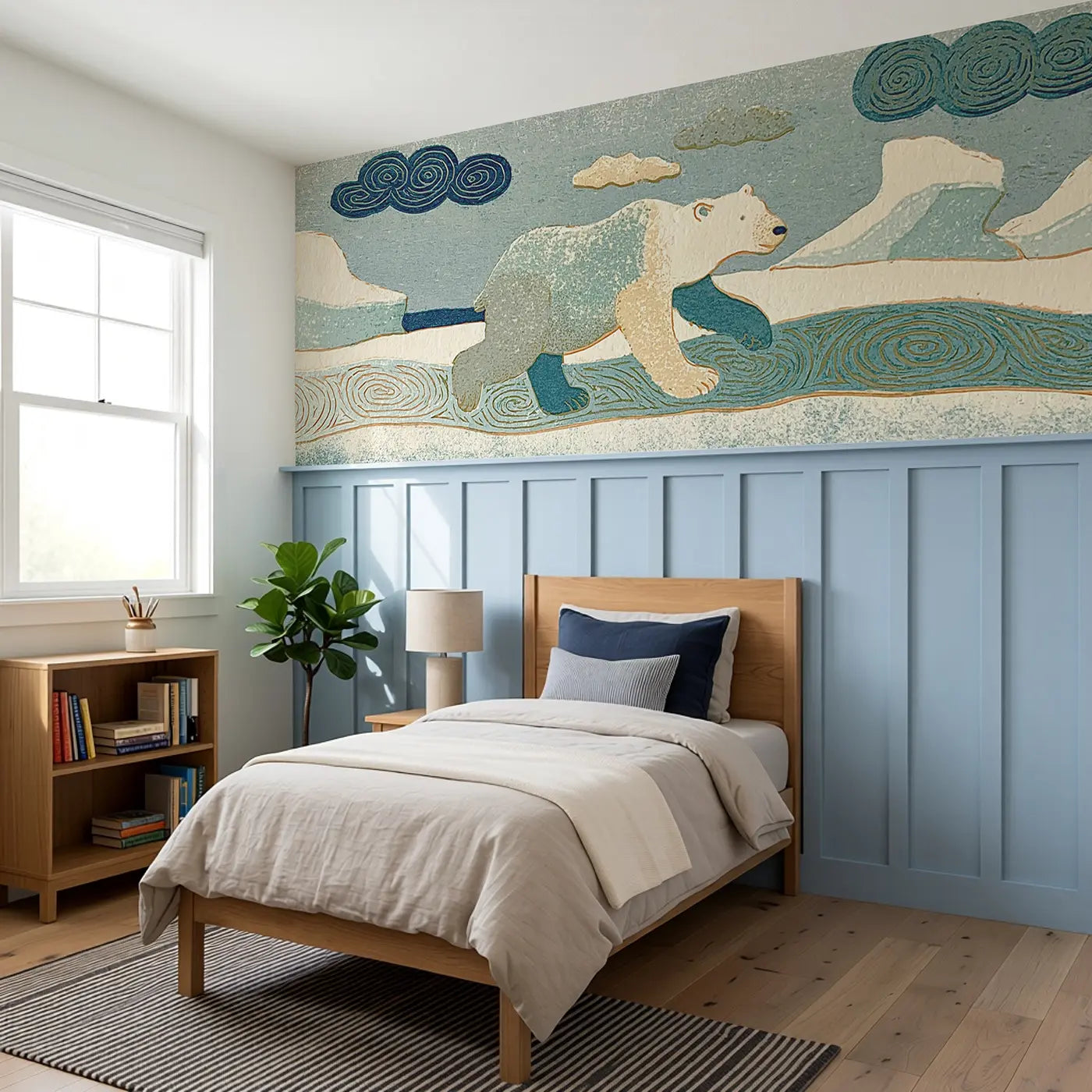 Carved Polar Bear Ice Band Wainscoting Wallpaper styled in a kids bedroom by Whimsy Tots
