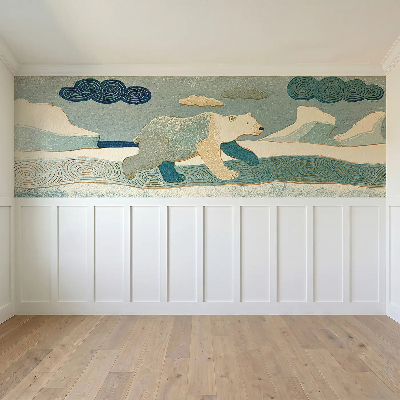 Full panel view of Carved Polar Bear Ice Band Wainscoting Wallpaper by Whimsy Tots