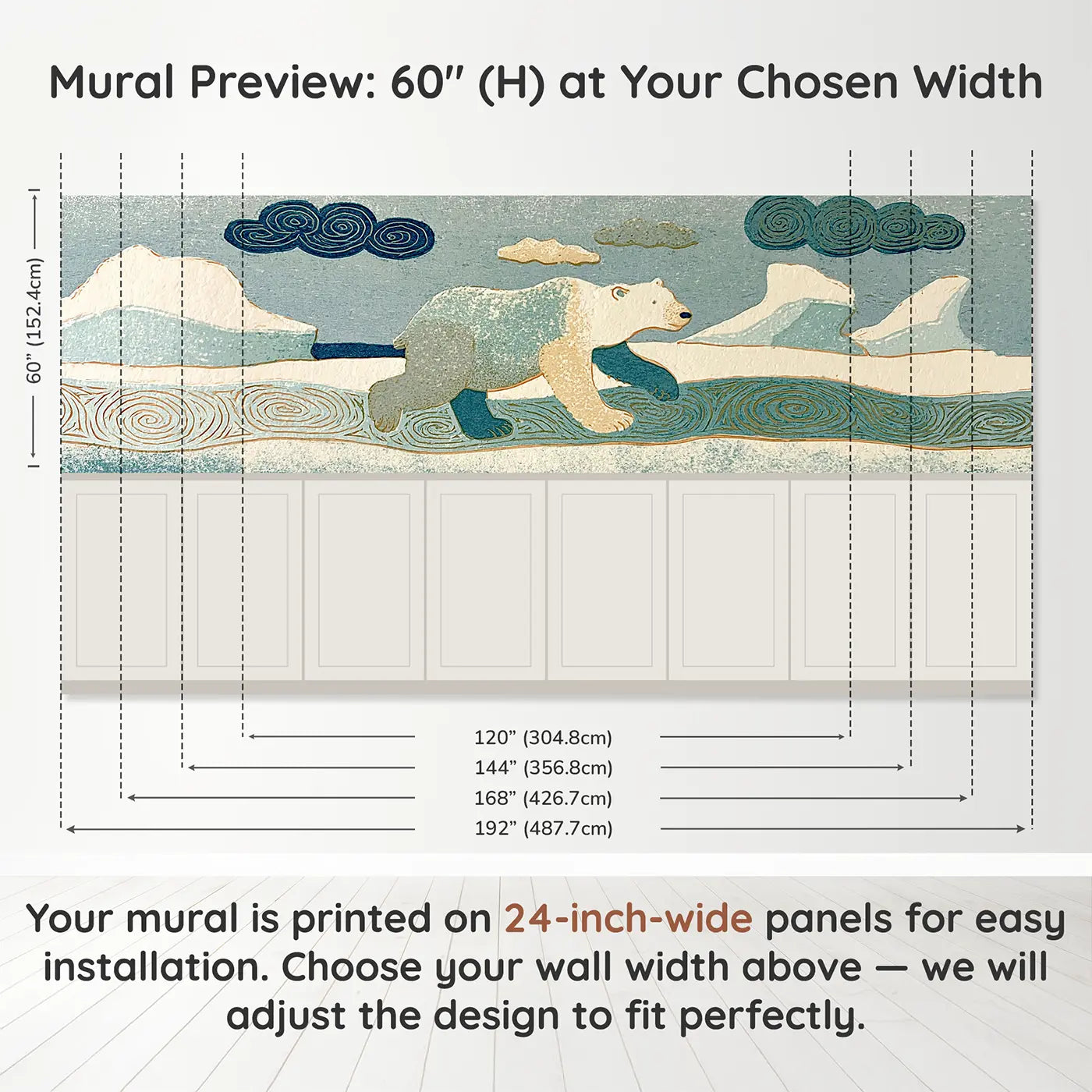 Panel dimensions for Carved Polar Bear Ice Band Wainscoting Wallpaper by Whimsy Tots