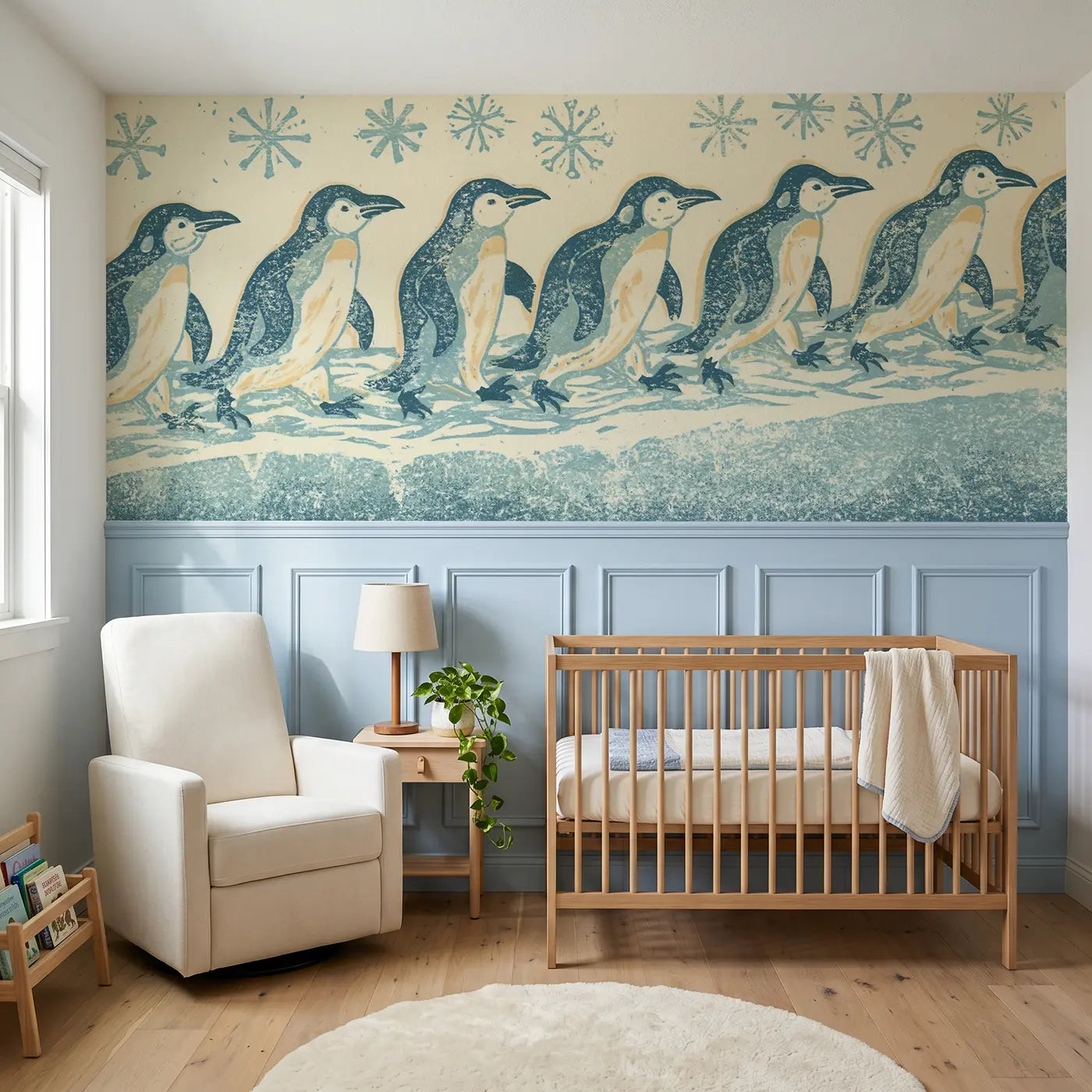 Block Print penguin waddle wainscoting wallpaper for nursery by Whimsy Tots.
