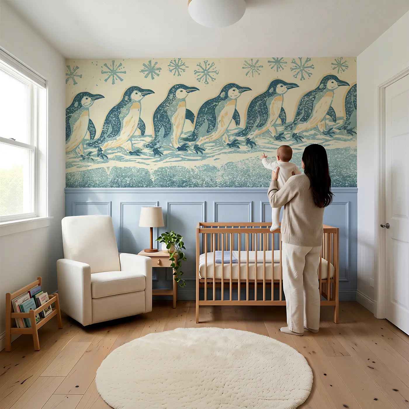Child reading near Block Print Penguin Waddle Wainscoting Wallpaper by Whimsy Tots