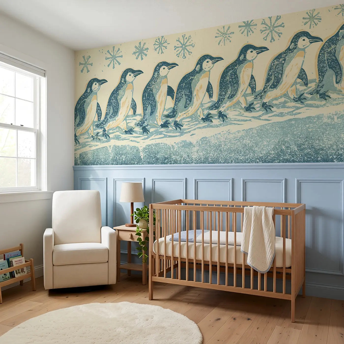 Block Print Penguin Waddle Wainscoting Wallpaper styled in a kids bedroom by Whimsy Tots