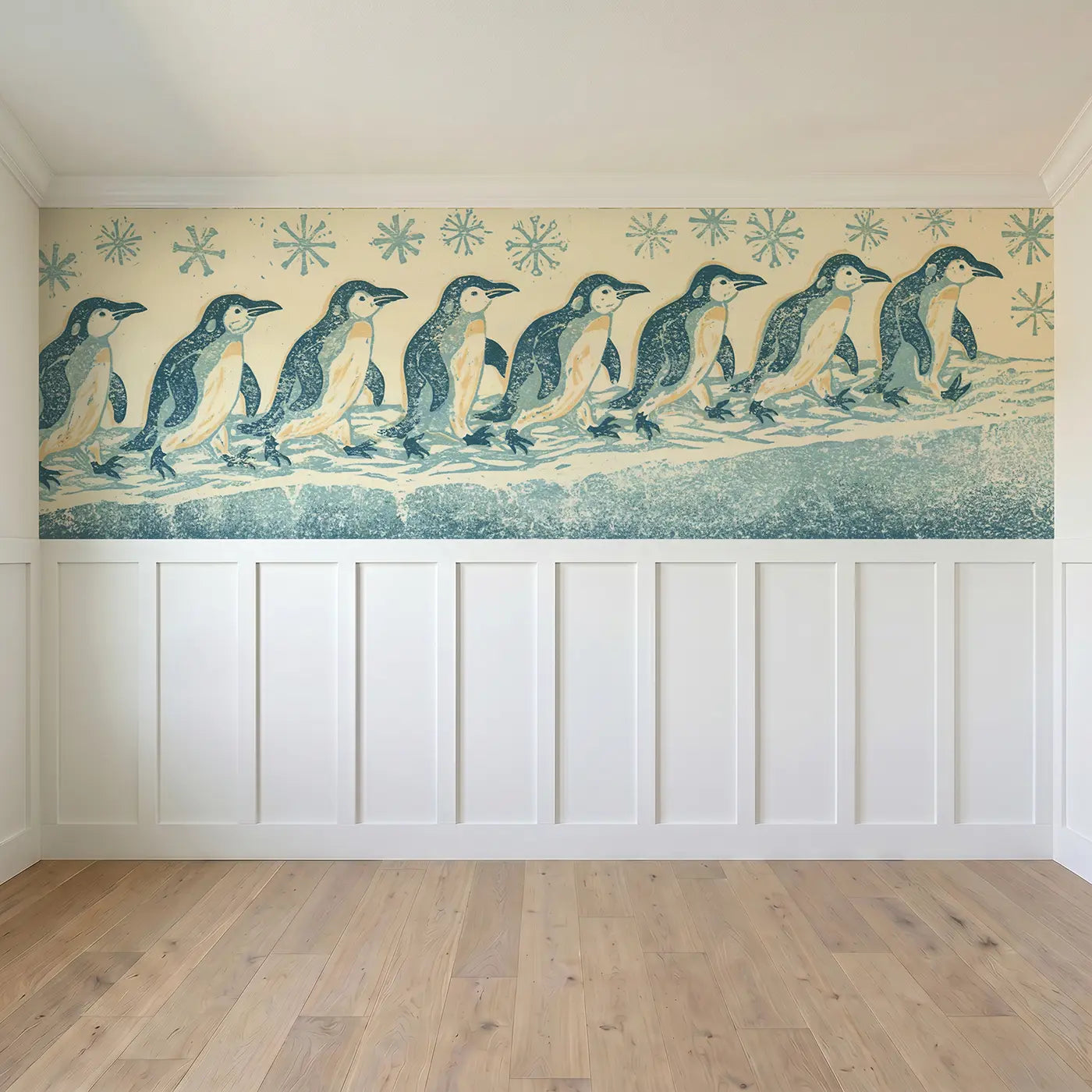 Full panel view of Block Print Penguin Waddle Wainscoting Wallpaper by Whimsy Tots