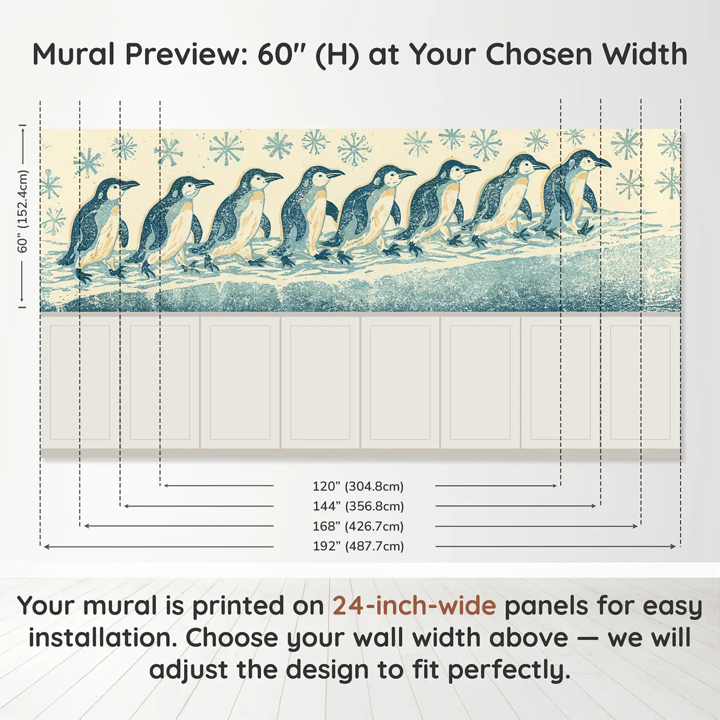 Panel dimensions for Block Print Penguin Waddle Wainscoting Wallpaper by Whimsy Tots