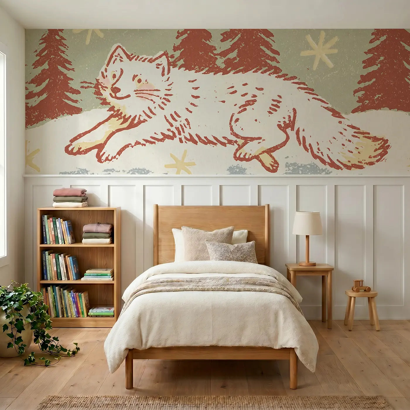 Block Print arctic fox winter wainscoting wallpaper for bedroom by Whimsy Tots.