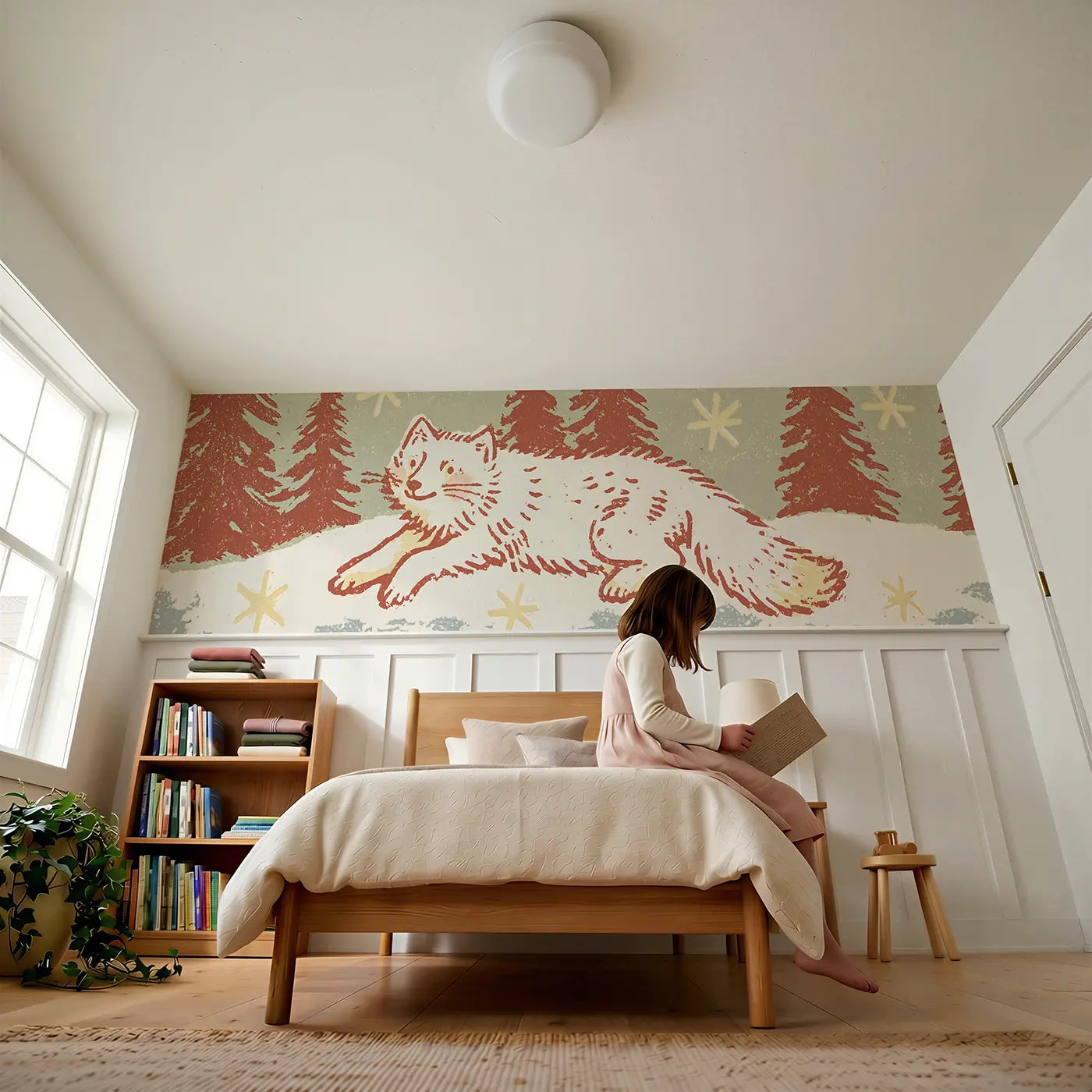 Child reading near Carved Arctic Fox Winter Wainscoting Wallpaper by Whimsy Tots