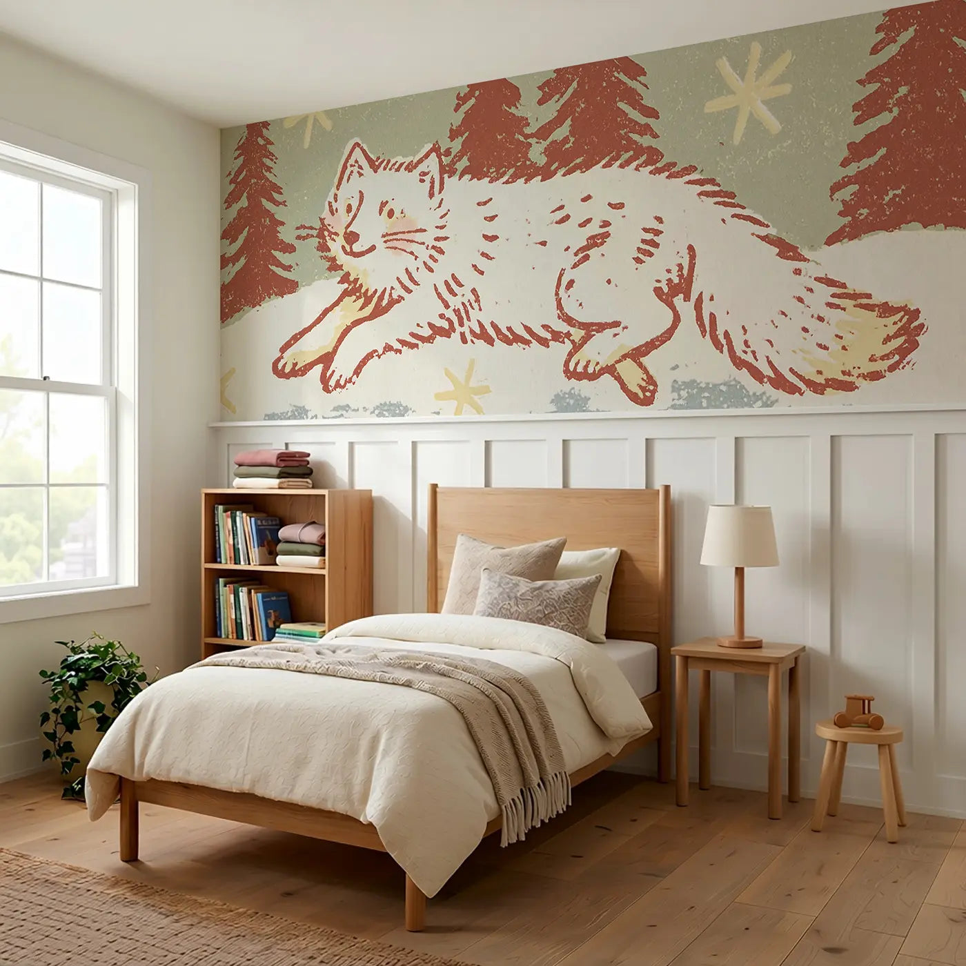 Carved Arctic Fox Winter Wainscoting Wallpaper styled in a kids bedroom by Whimsy Tots