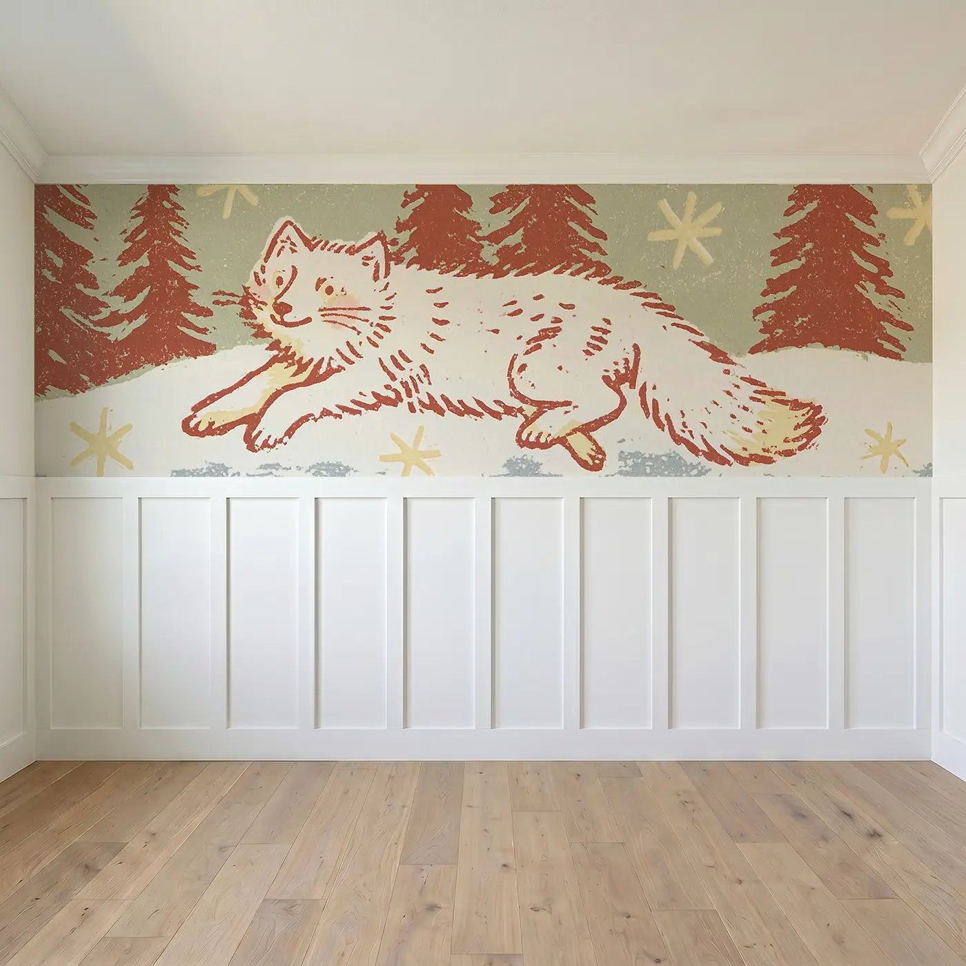 Full panel view of Carved Arctic Fox Winter Wainscoting Wallpaper by Whimsy Tots