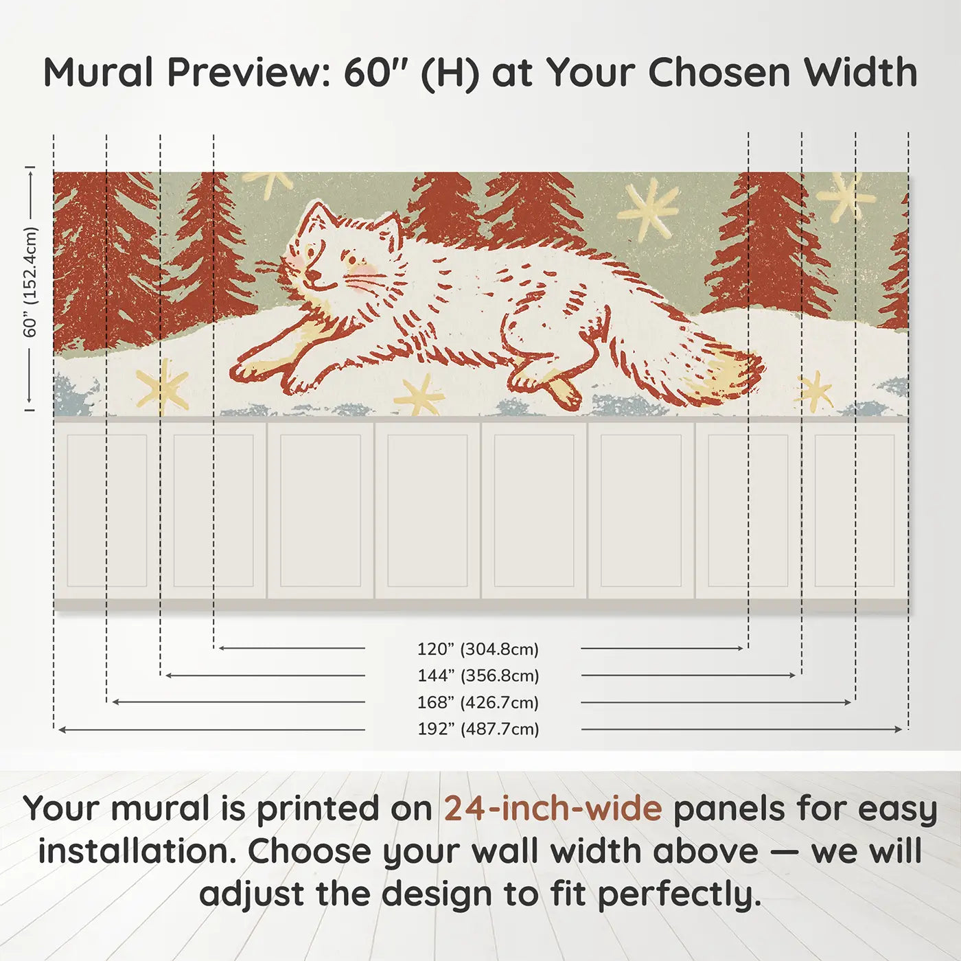 Panel dimensions for Carved Arctic Fox Winter Wainscoting Wallpaper by Whimsy Tots