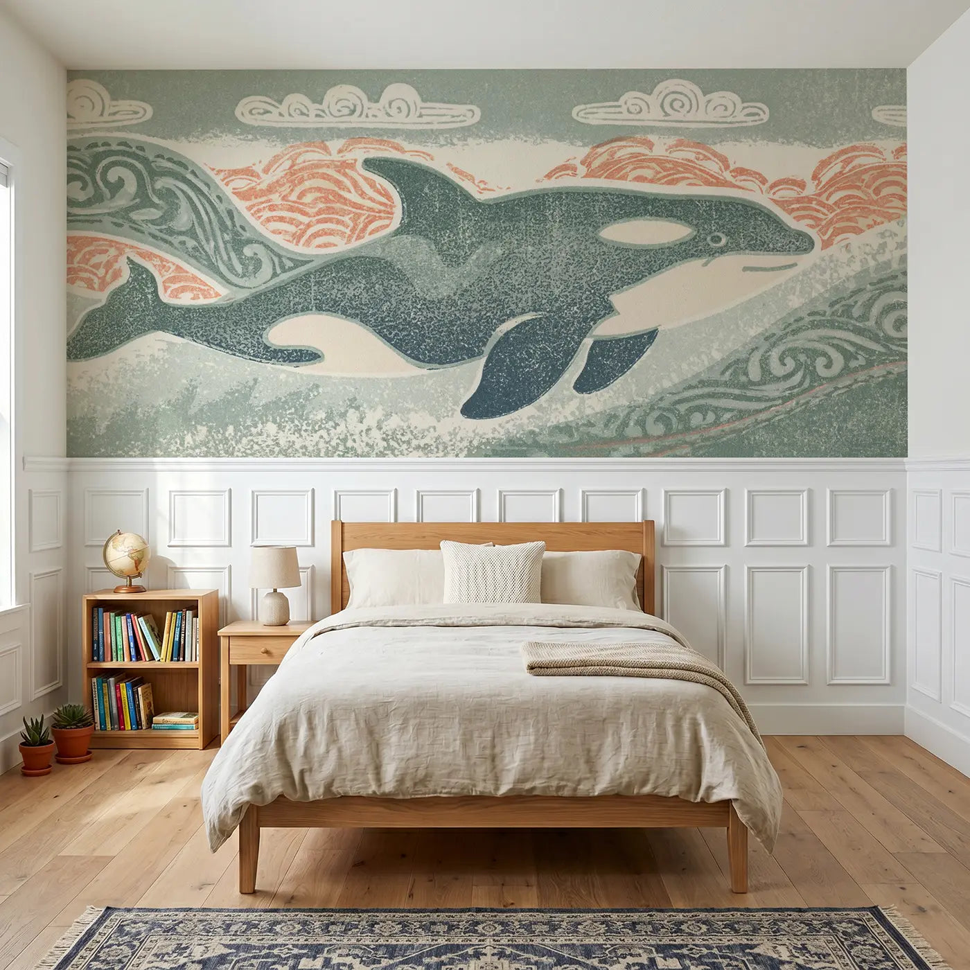 Block Print orca wave carved wainscoting wallpaper for bedroom by Whimsy Tots.