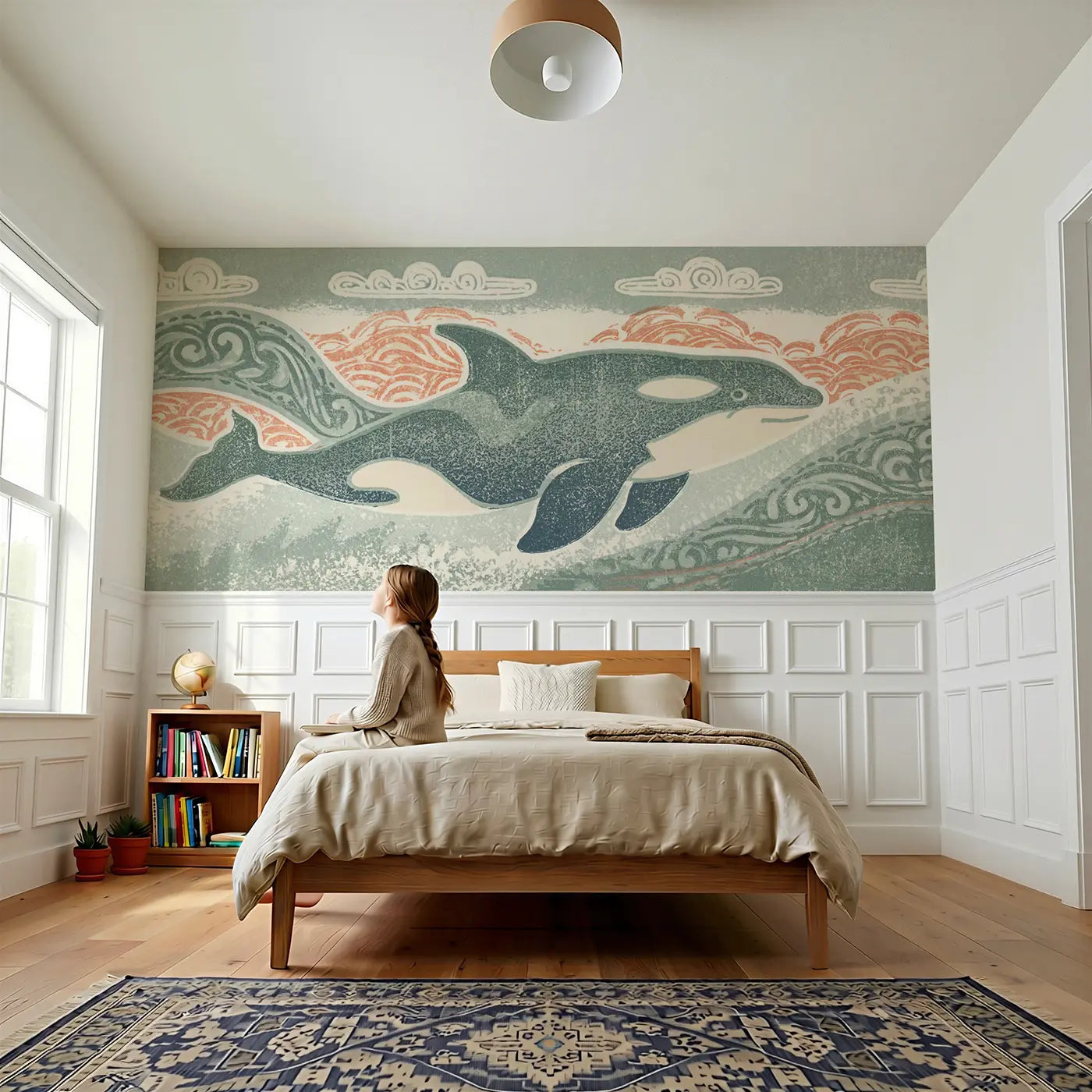 Child reading near Linocut Orca Wave Carved Wainscoting Wallpaper by Whimsy Tots
