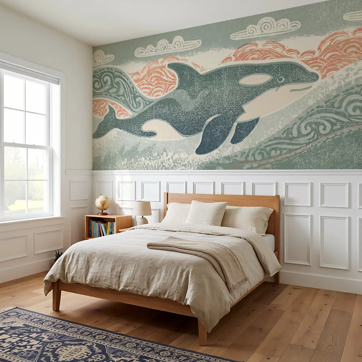 Linocut Orca Wave Carved Wainscoting Wallpaper styled in a kids bedroom by Whimsy Tots